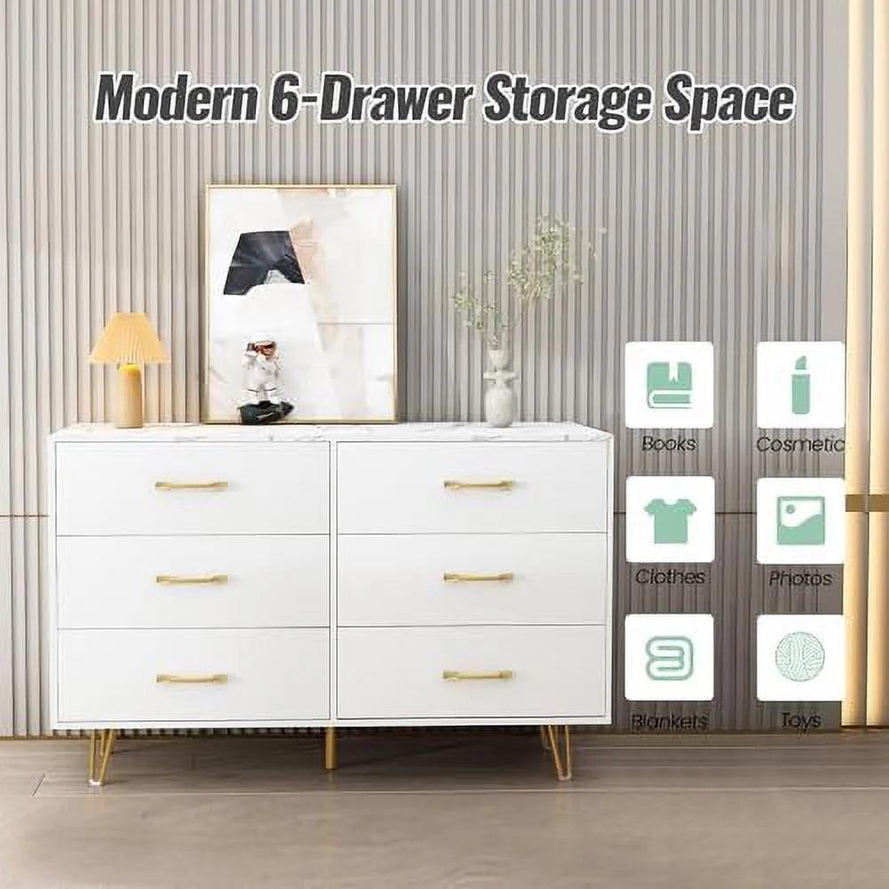6 Drawer Dresser for Bedroom  White Dresser   Large Double Dresser with Faux Marble Top and Wide Drawers   Organizer Dresser  Chests of Drawers for Hallway  Living Room  Bedroom