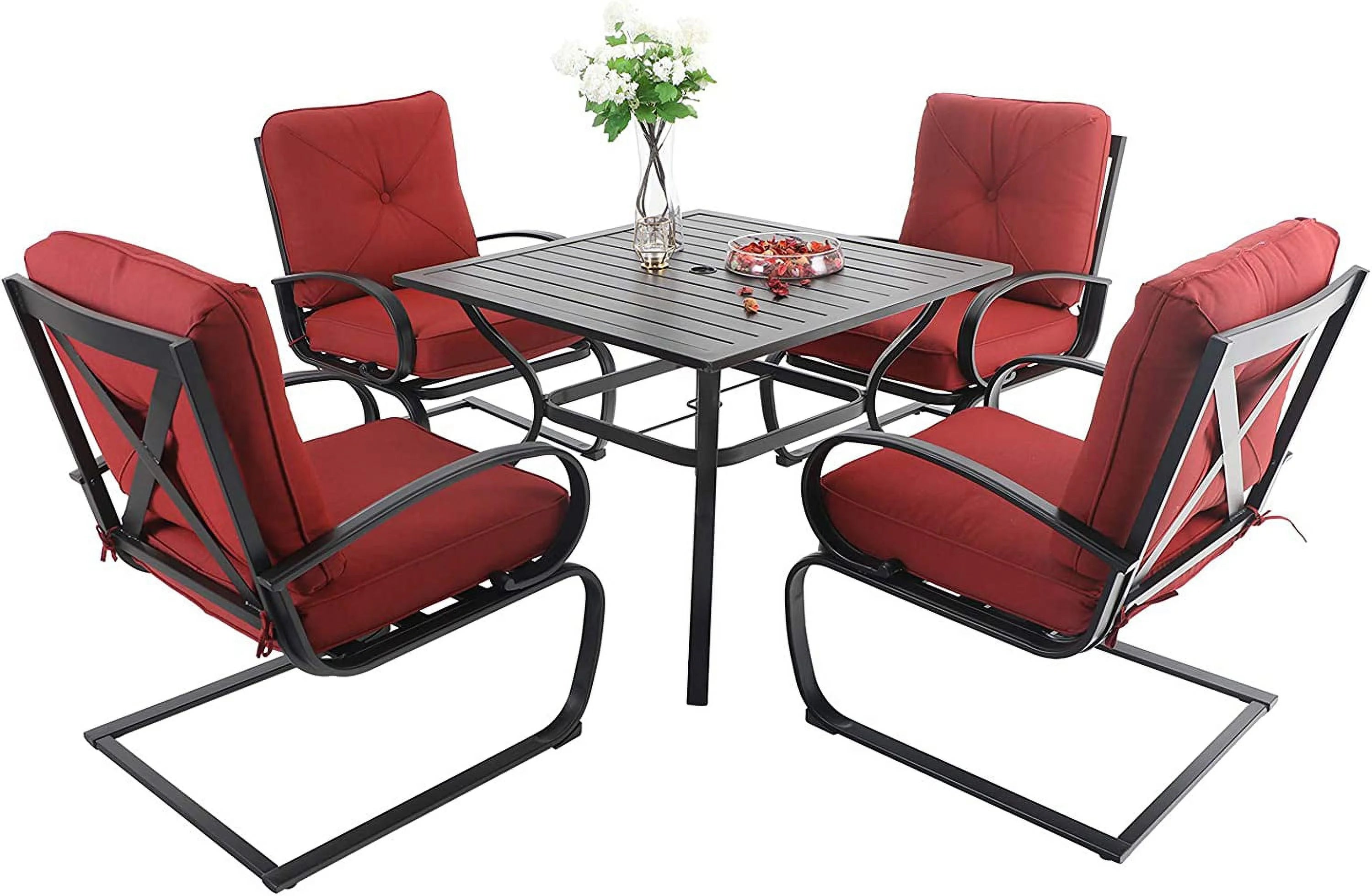 &amp; William Patio Dining Set 9 Piece Expandable Outdoor Table Furniture Set with 8 Metal Spring Motion Dining Chairs and 1 Rectangular Bistro Deck Table with Leaf  Beige