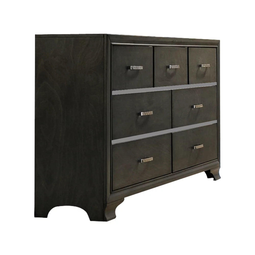 5 Piece Queen Size Modern Gray Wood With Upholstered Tufted Faux Leather Headboard Panel Bedroom Set (Bed, Dresser & Mirror, Chest, Nightstand)