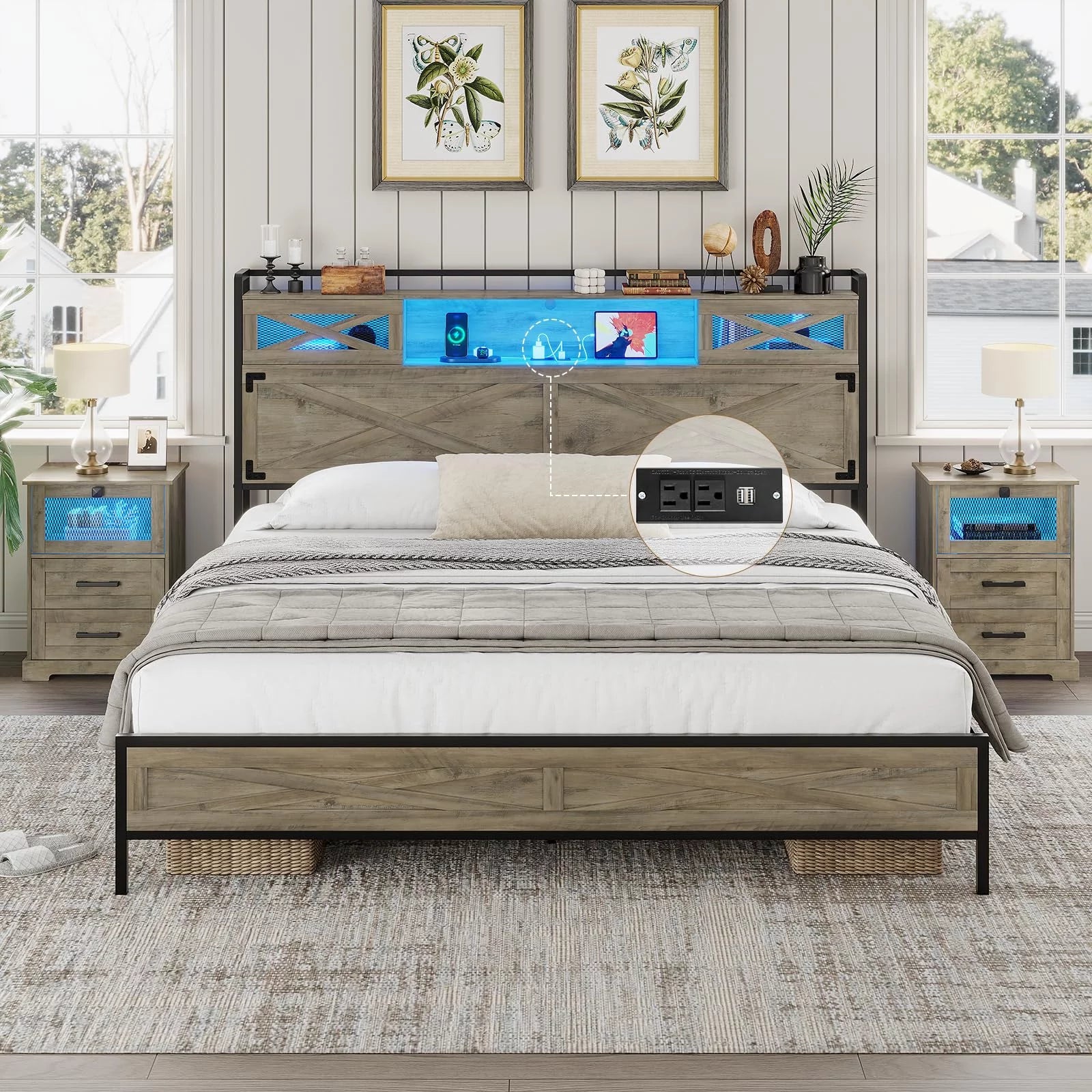 ADORNEVE Queen Size Bed Frame with LED Lights and Charging Station, Farmhouse Platform Bed with Storage Headboard with Sliding Barn Door, No Box Spring Needed, Oak Gray