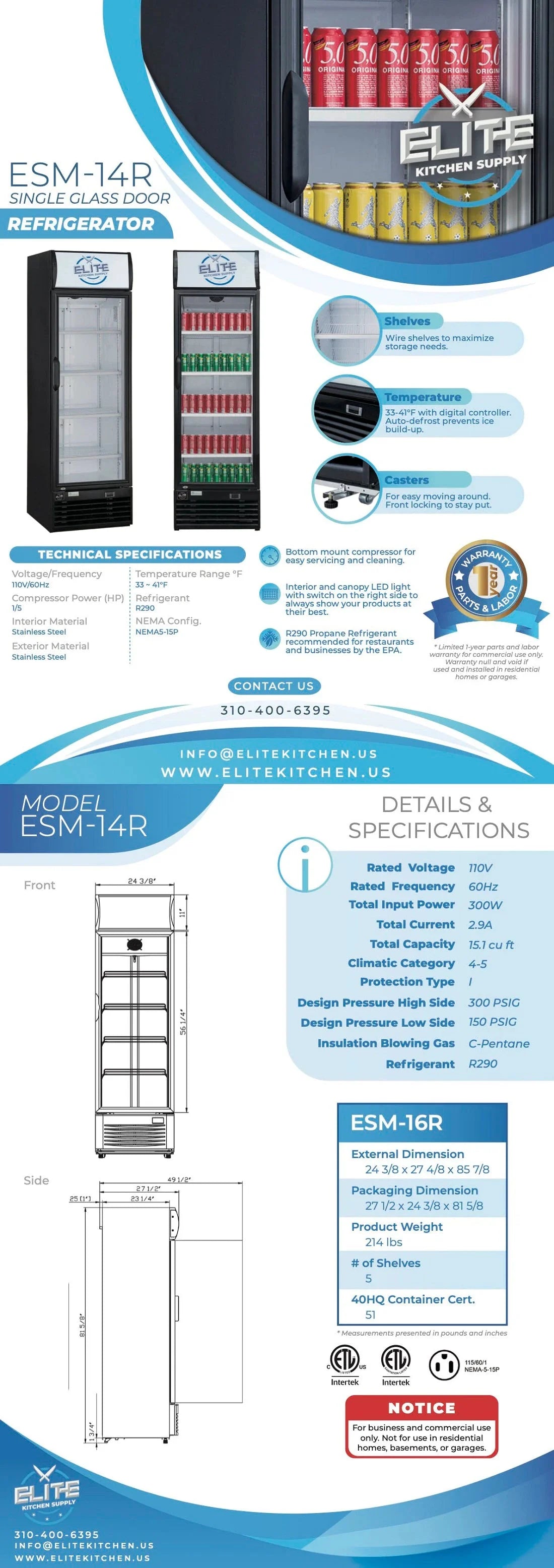 24 in. Commercial Display Cooler Refrigerator with Glass Door in Black 15.1 cu. ft.