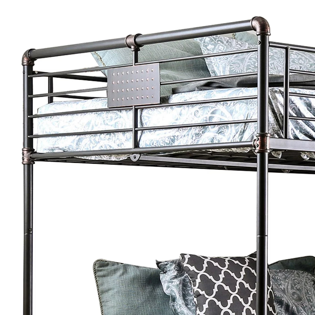 2 Tier Industrial Style Queen Size Bunk Bed with Attached Ladder, Black- Saltoro Sherpi