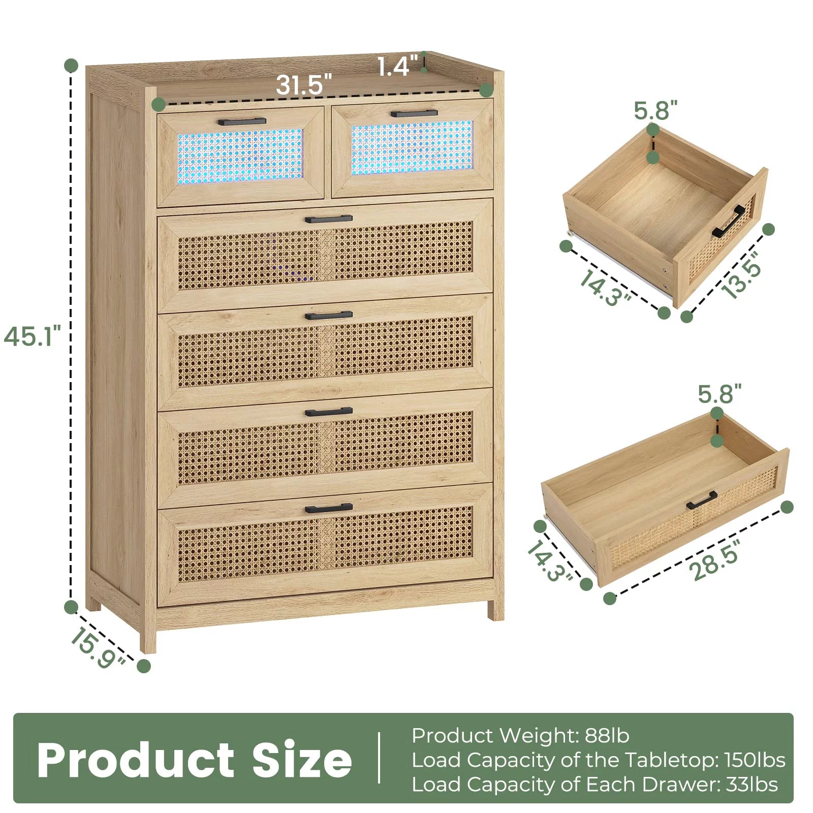 6 Drawer Dresser with Led Light for Bedroom, Natural Rattan Wood Dressers,Tall Dressers & Chests of Drawers,Living Room Entryway Closet Dresser