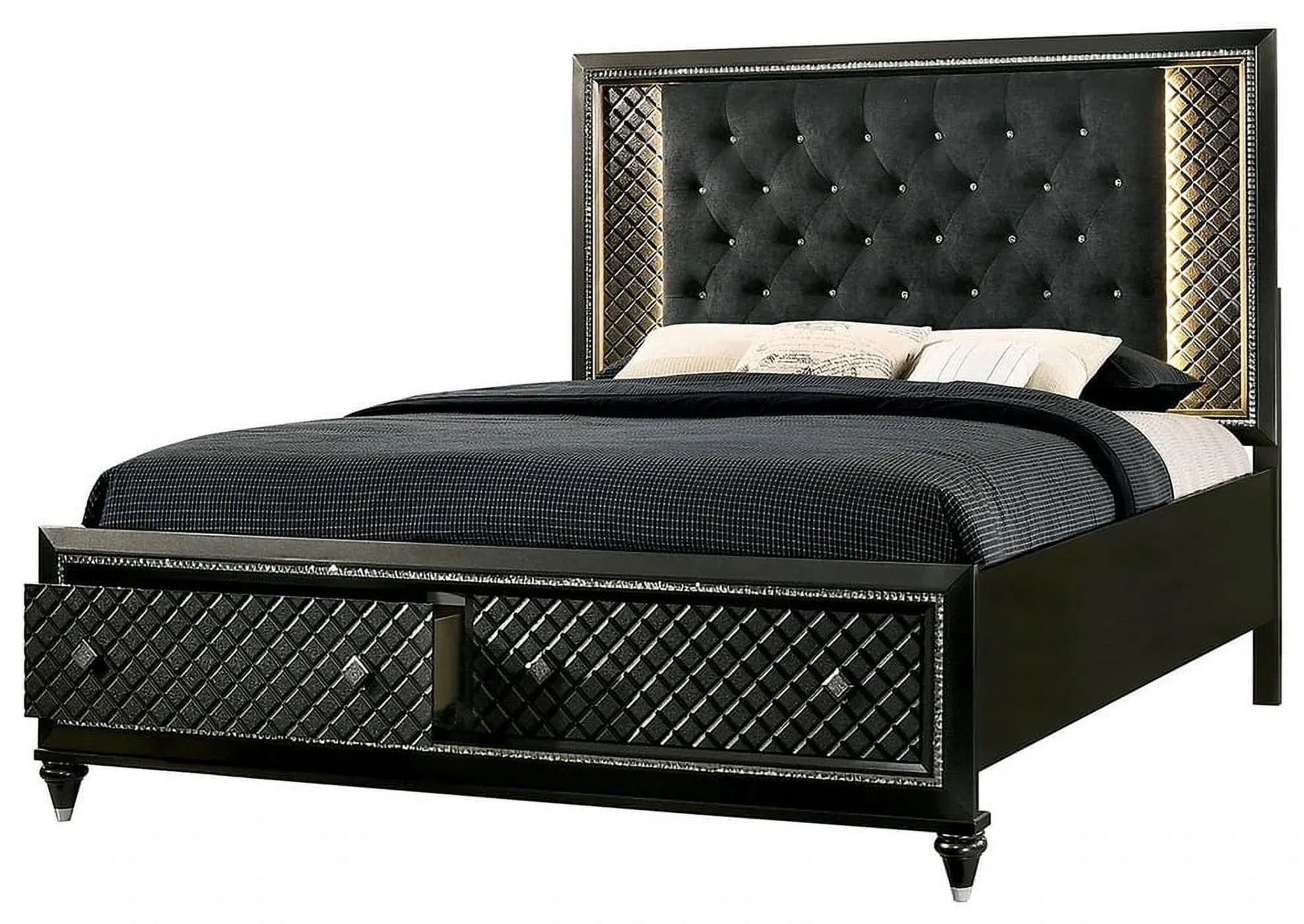 Bedroom Furniture 3pc Set California King Size Bed 2x Nightstands Metallic Gray Solid wood Black Fabric Tufted HB Drawers FB