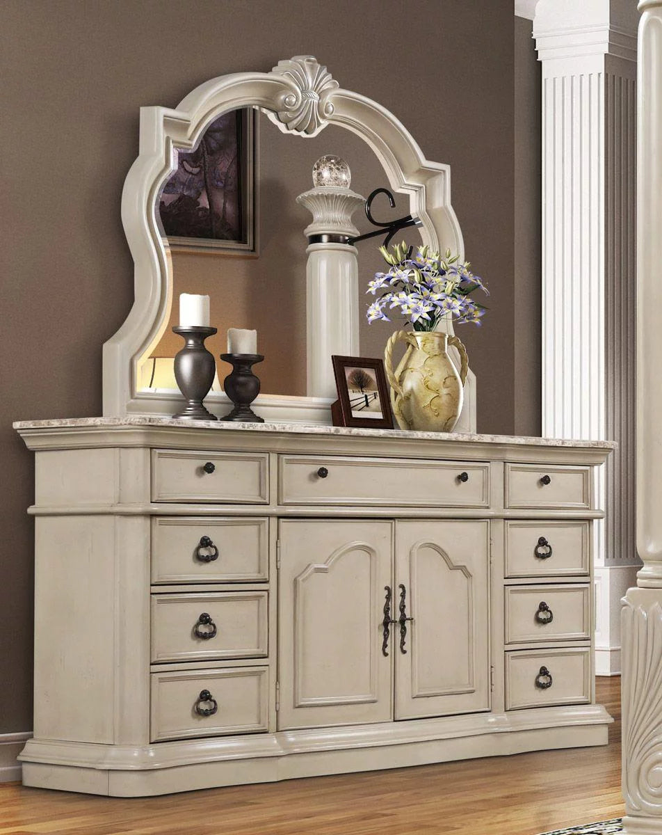 Antique White Solid Hardwood/Marble Queen Bedroom Set 7P McFerran B6007 Classic