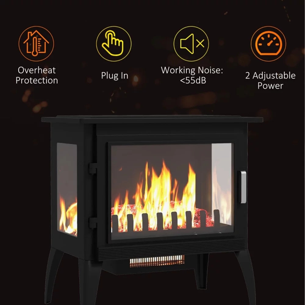 24" Electric Fireplace Stove, Freestanding Fireplace Heater with Realistic Flame, Adjustable Temperature