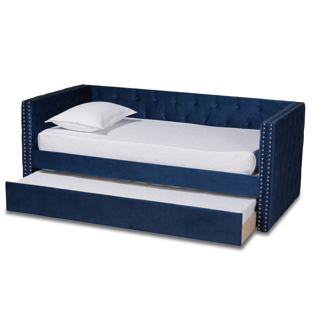 Baxton Studio Larkin Contemporary Upholstered with Trundle Daybed, Twin, Navy Blue