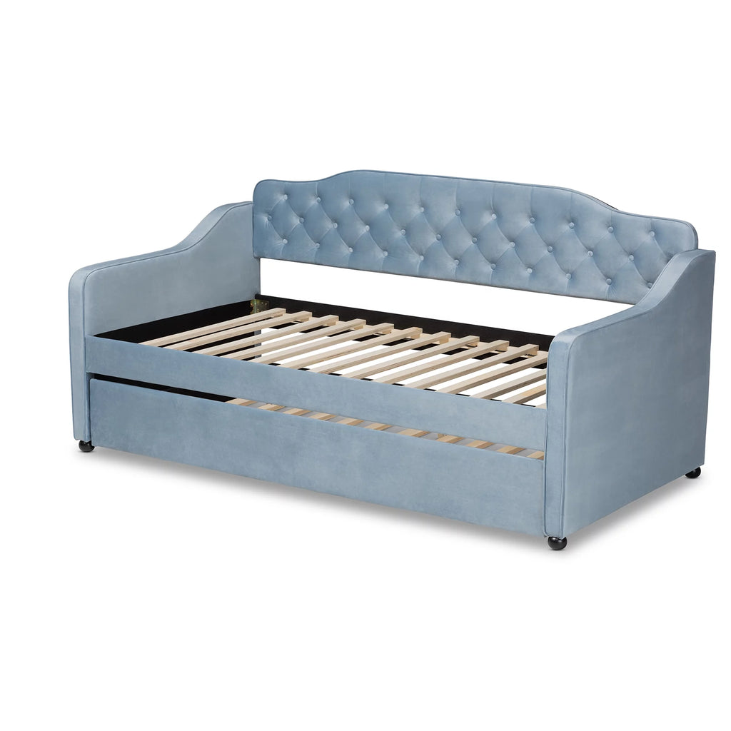 Baxton Studio Freda Transitional and Contemporary Light Blue Velvet Upholstered and Button Tufted Twin Size Daybed with Trundle