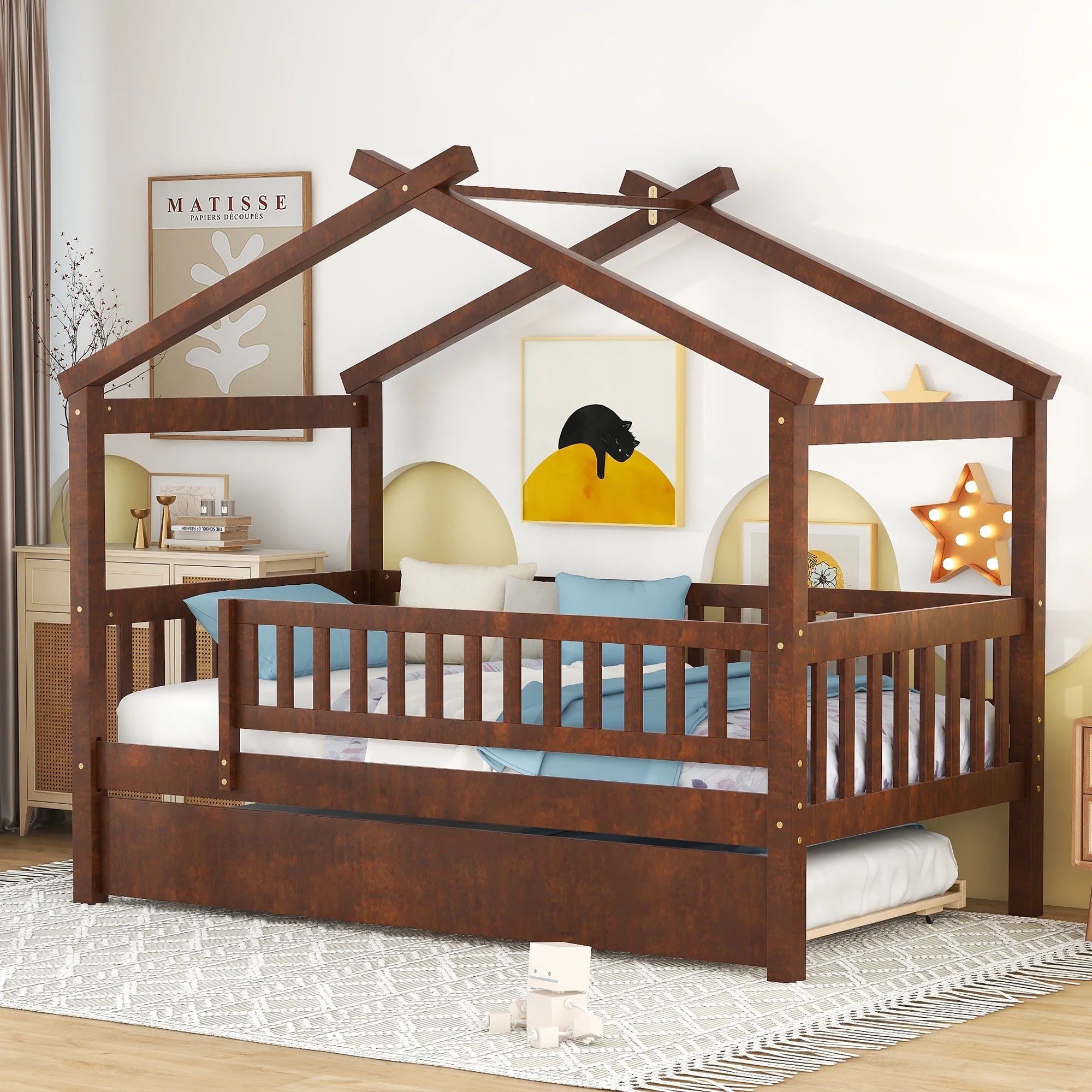 "Twin-Size Wooden House-Shaped Bed with Matching Twin-Size Trundle in Elegant Walnut Finish"