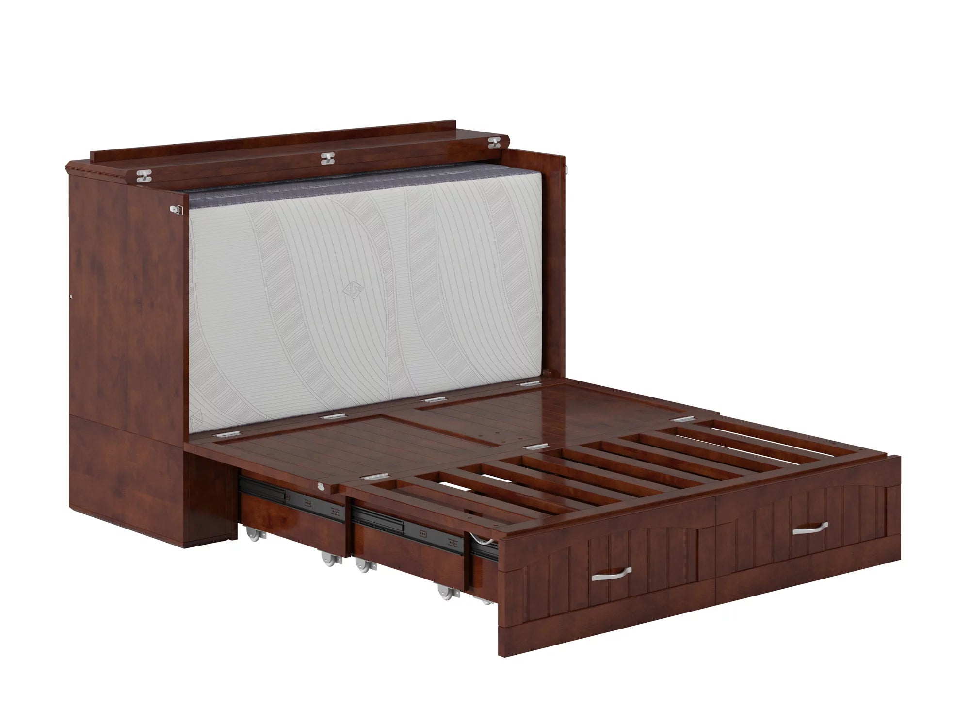AFI Southampton Full Wood Murphy Bed Chest with Mattress, Drawer & Charger in Walnut