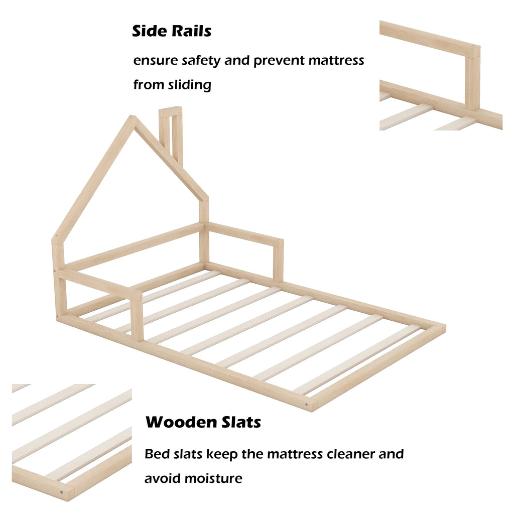 Bellemave Full Size Wood Floor Bed with House-shaped Headboard Toddler Bed Frame Montessori Floor Bed with Rails and Wooden Slats for Kids, Boys, Girls, No Box Spring Needed, Natural
