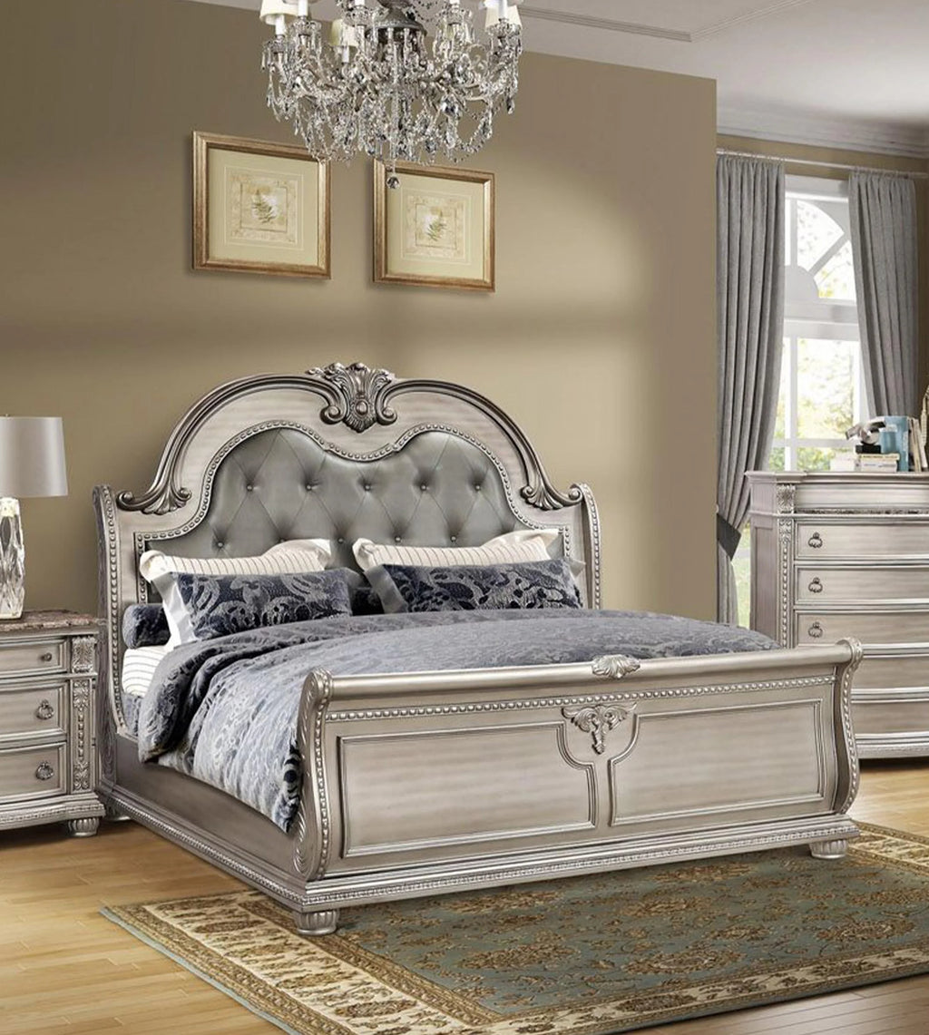 Antique Platinum Sleigh Cal King Bedroom Set 4Pcs B9506 Mcferran Traditional
