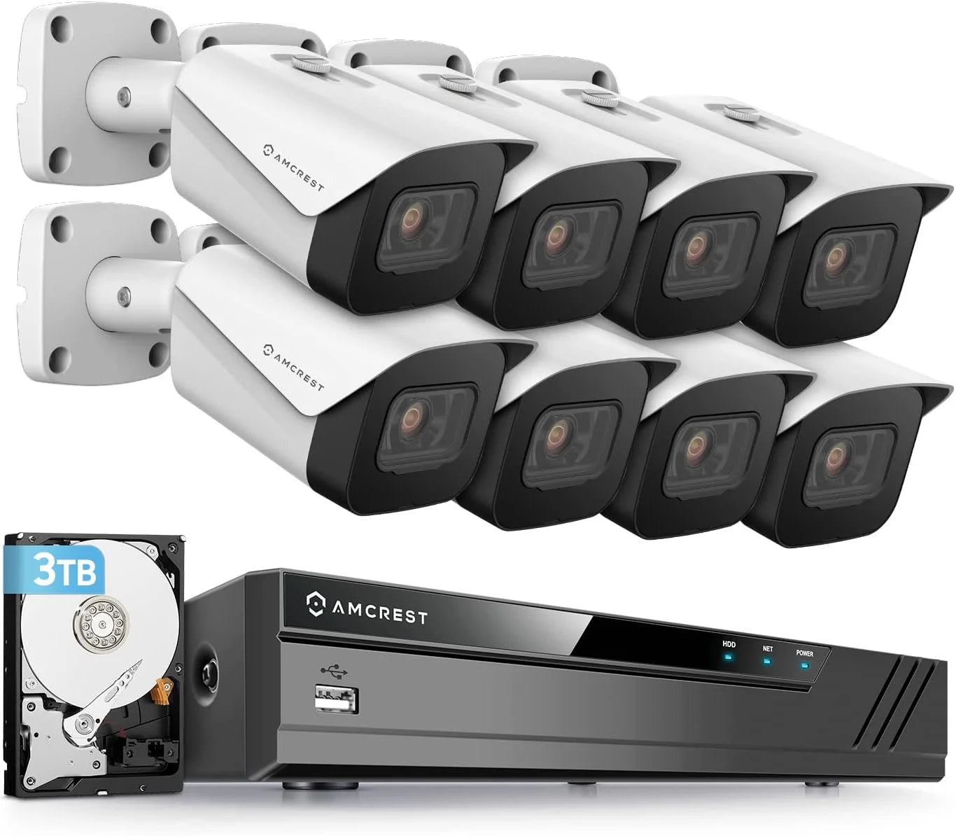 Amcrest 4K Security Camera System, 4K 16CH (8-Port) PoE NVR, (8) x 8-Megapixel IP67 Weatherproof Bullet POE IP Cameras, Pre-Installed 3TB Hard Drive, NV4116E-2496EW8-3TB (White)