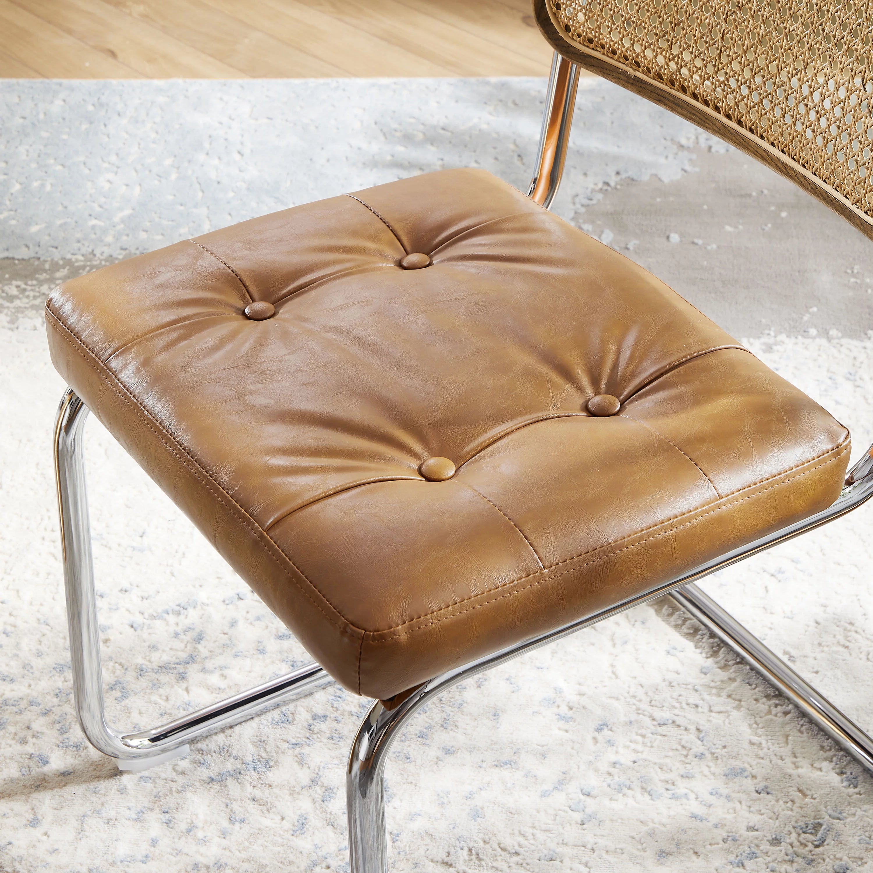 Art Leon Dining Chairs Set of 2,Rattan Upholstered Side Chairs with Cane Back, Faux Leather Dining Room Chairs, Yellow Brown