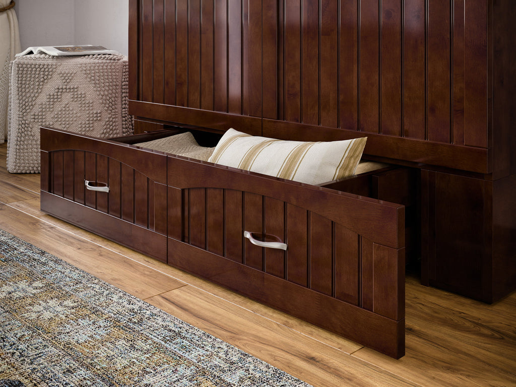 AFI Southampton Full Wood Murphy Bed Chest with Mattress, Drawer & Charger in Walnut