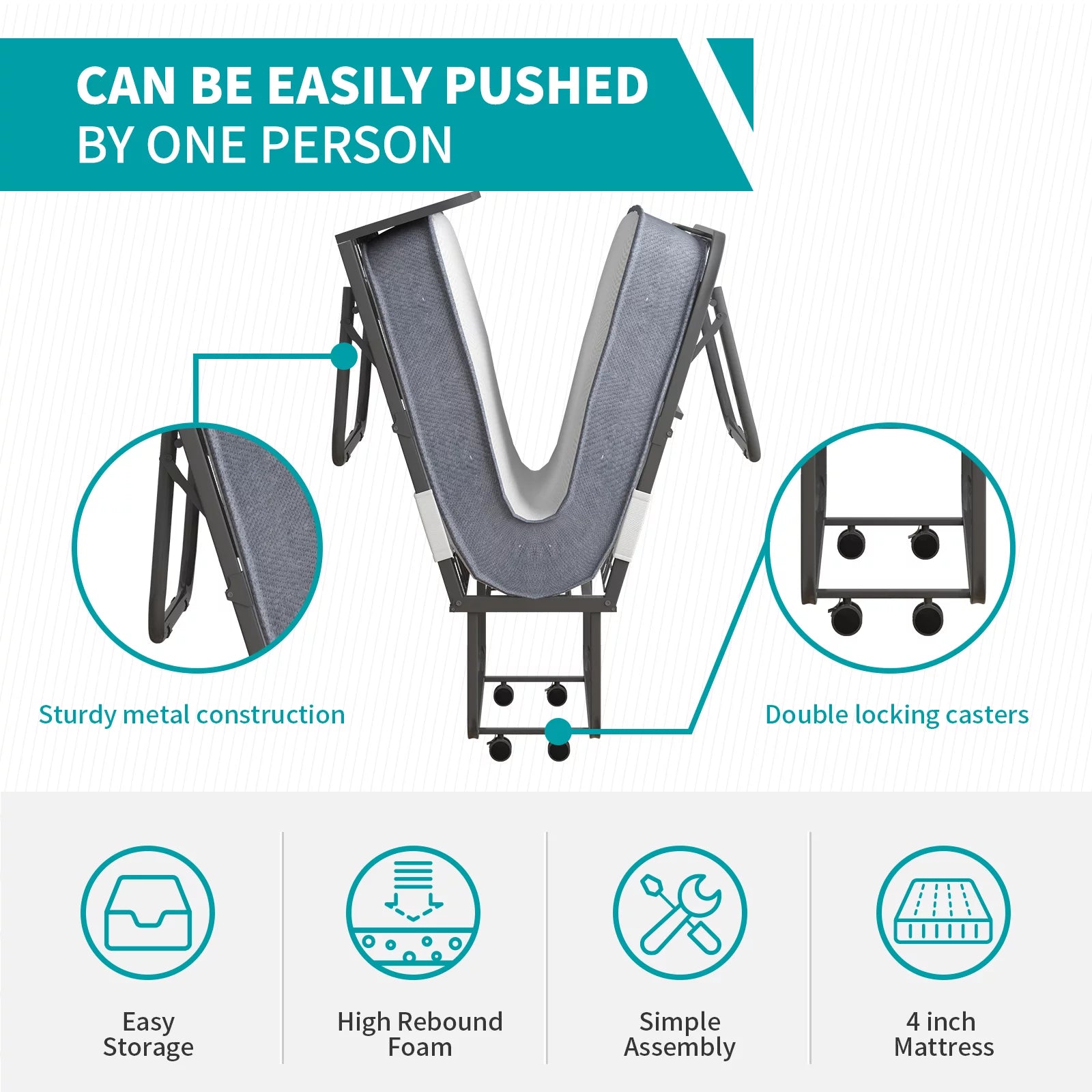 BALUS Extra Thick Folding Bed with Universal Wheels, Foam Mattress and Metal Frame, Movable Daybed, 74.8"L