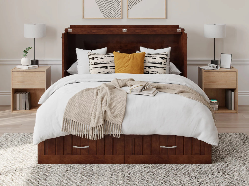 AFI Southampton Full Wood Murphy Bed Chest with Mattress, Drawer & Charger in Walnut