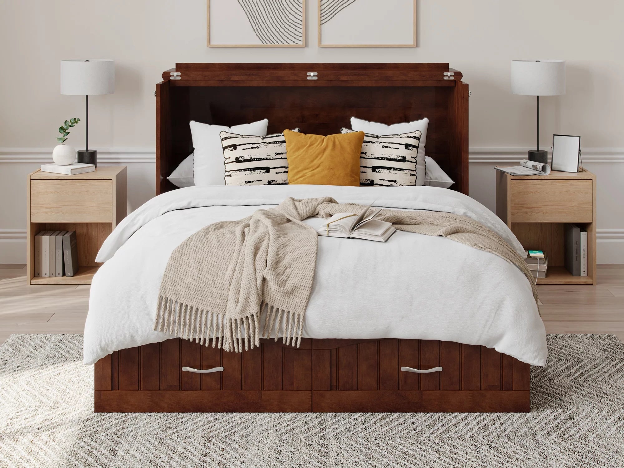 AFI Southampton Full Wood Murphy Bed Chest with Mattress, Drawer & Charger in Walnut