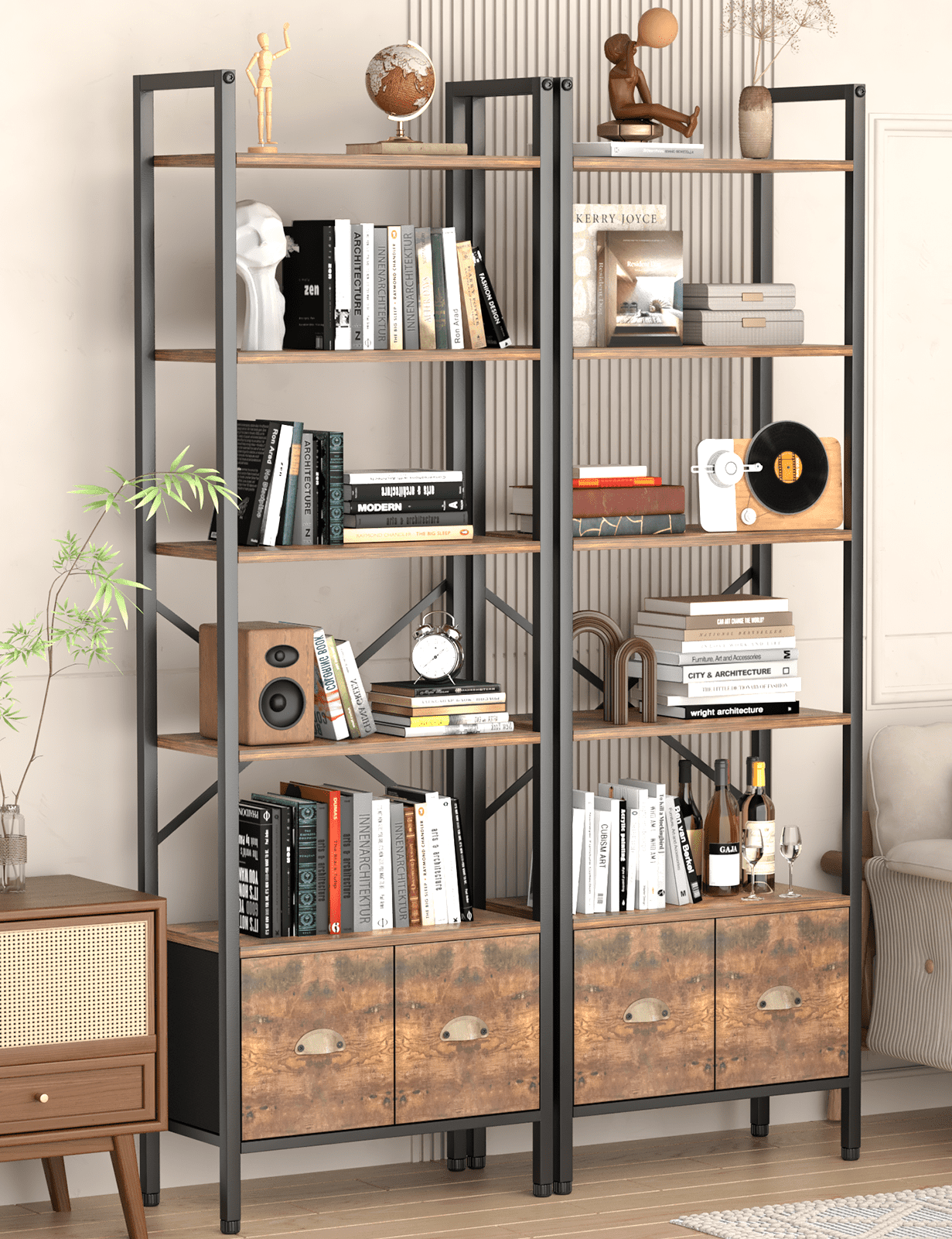 BEHOST Bookshelf with 6 Tiers, Tall Bookcase 70in with 2 Fabric Drawers, Wood Shelves for Home, Office, 1 Pack, Rustic Brown