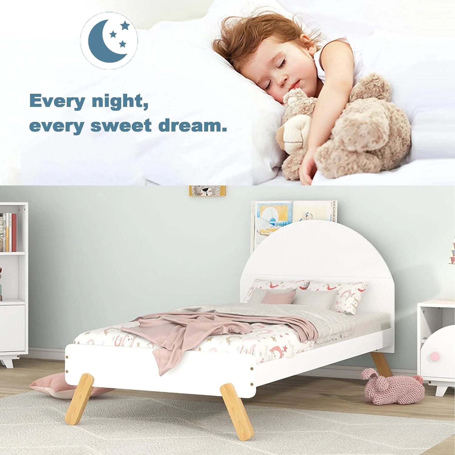Bed Frames For Kids, Wood Cute Platform Bed With Curved Headboard, Size Bed With Shelf Behind Headboard For Boys Girls, No Box Spring Needed (White)