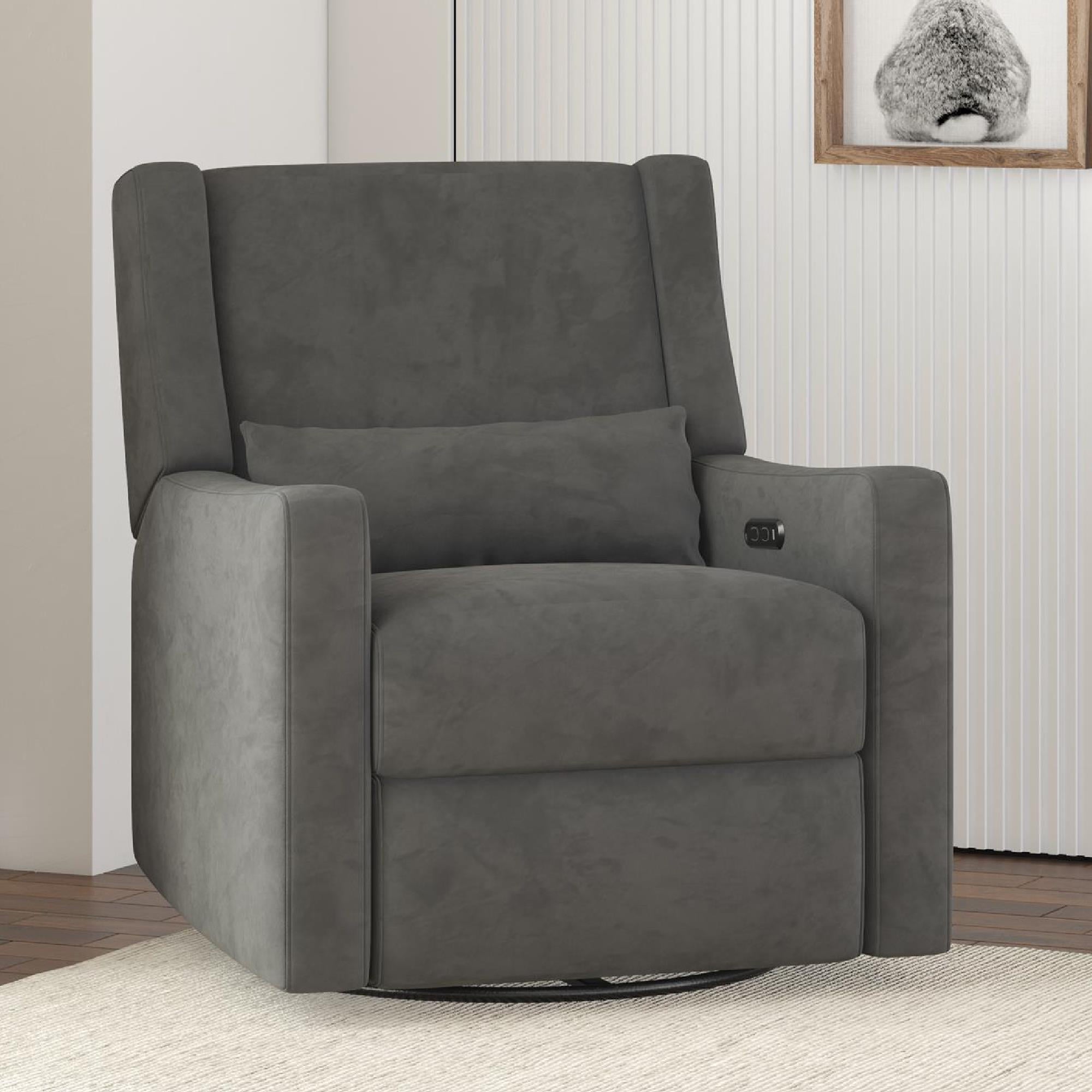 Baby Relax Otto 4-in-1 Nursery Swivel Glider Rocker Power Recliner with USB Ports, Gray Velvet