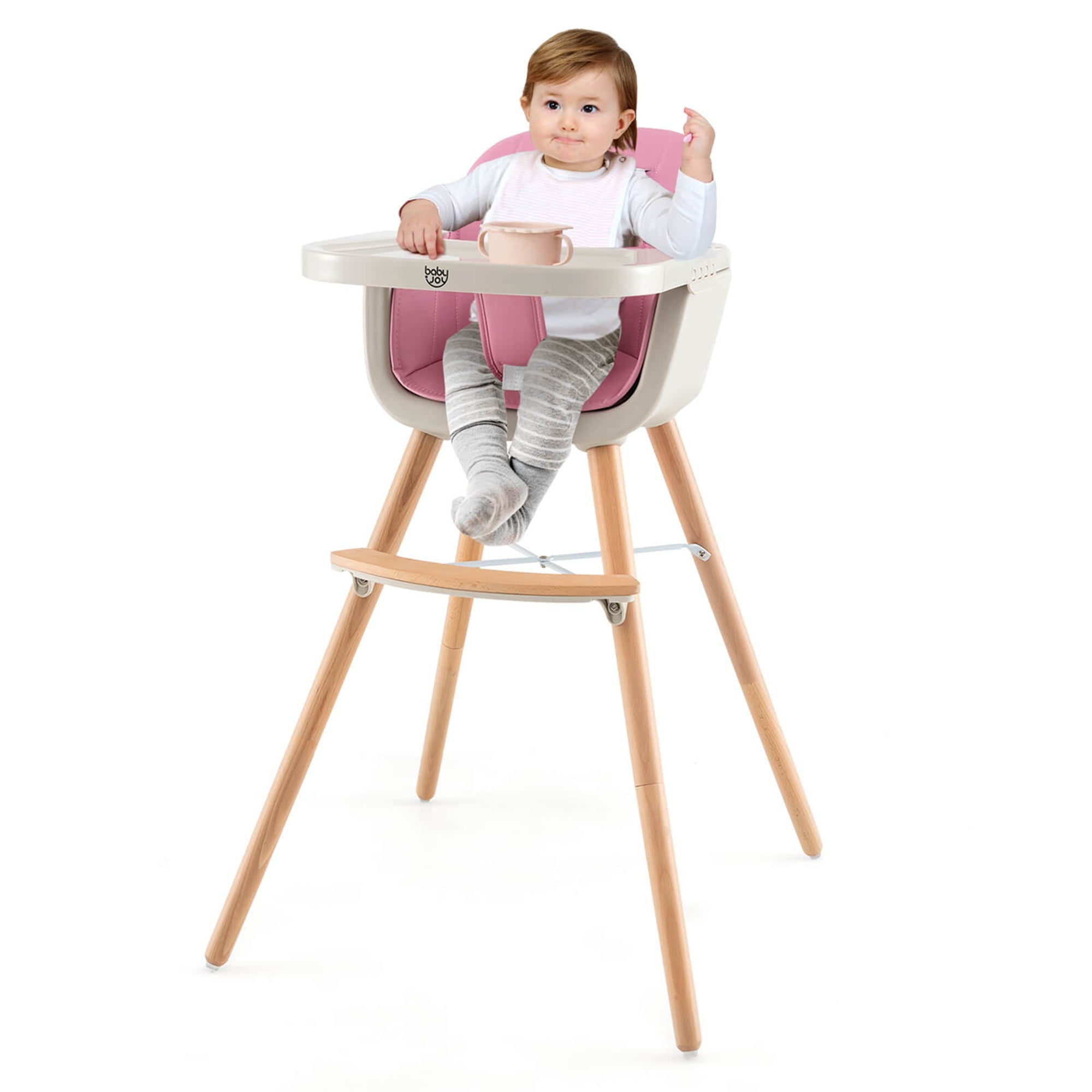 Babyjoy 3 in 1 Convertible Wooden High Chair Baby Toddler Highchair w/ Cushion Beige