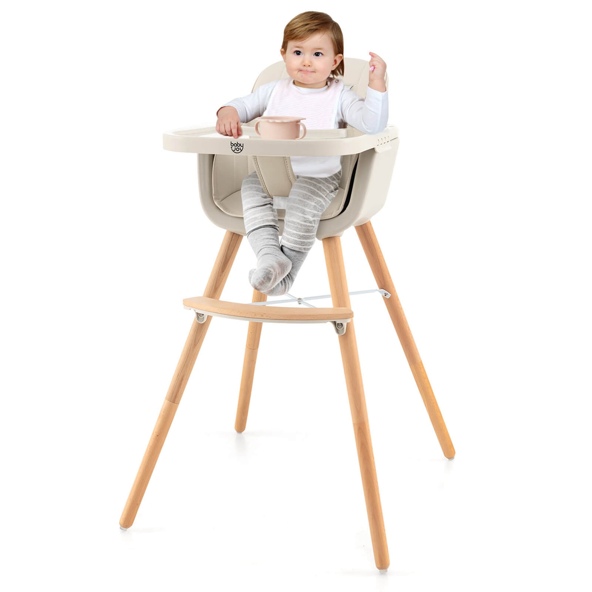 Babyjoy 3 in 1 Convertible Wooden High Chair Baby Toddler Highchair w/ Cushion Beige