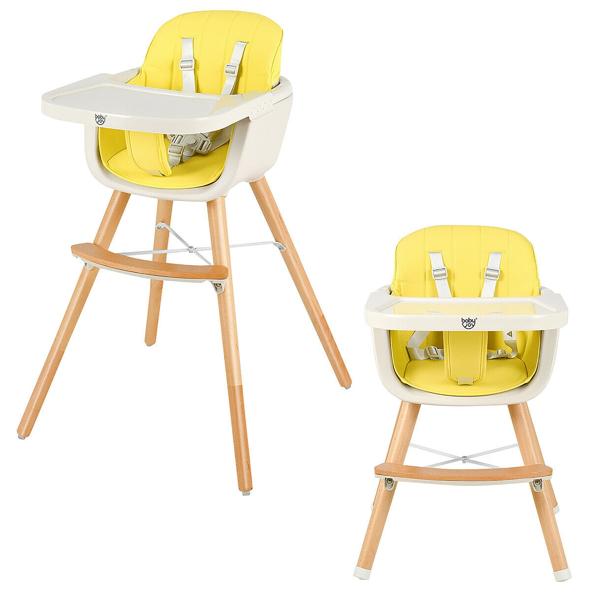 Babyjoy 3 in 1 Convertible Wooden High Chair Toddler Feeding Chair with Cushion Beige