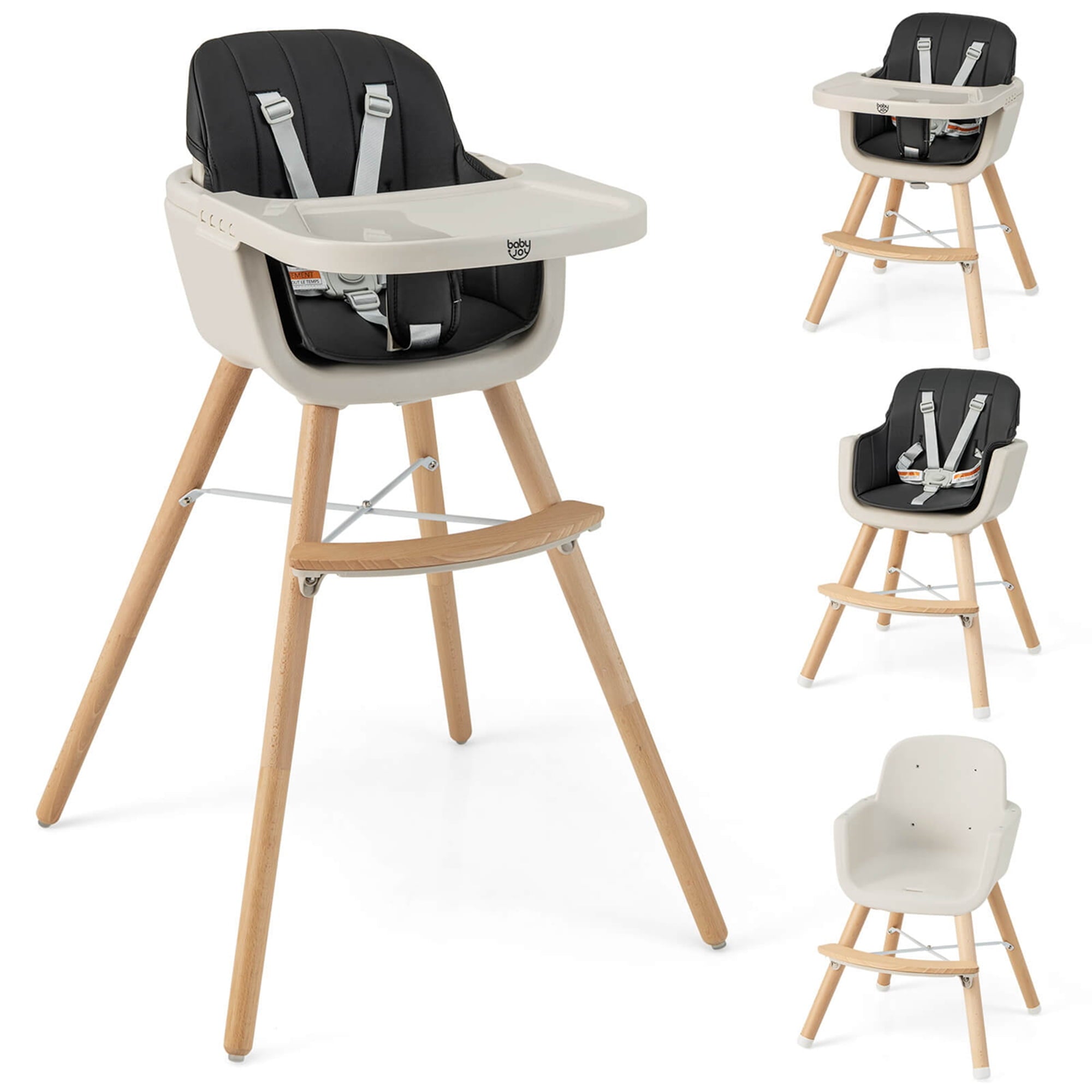 Babyjoy 3 in 1 Convertible Wooden High Chair Toddler Feeding Chair with Cushion Beige