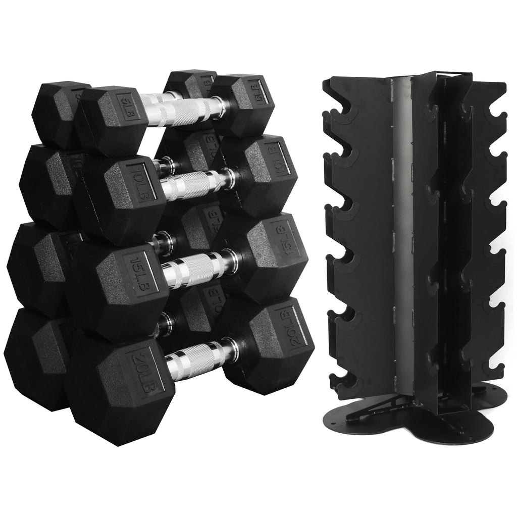 BalanceFrom 100LB Rubber Coated Hex Dumbbell Weight Set with A-Frame Rack, 5-20 lbs Pairs