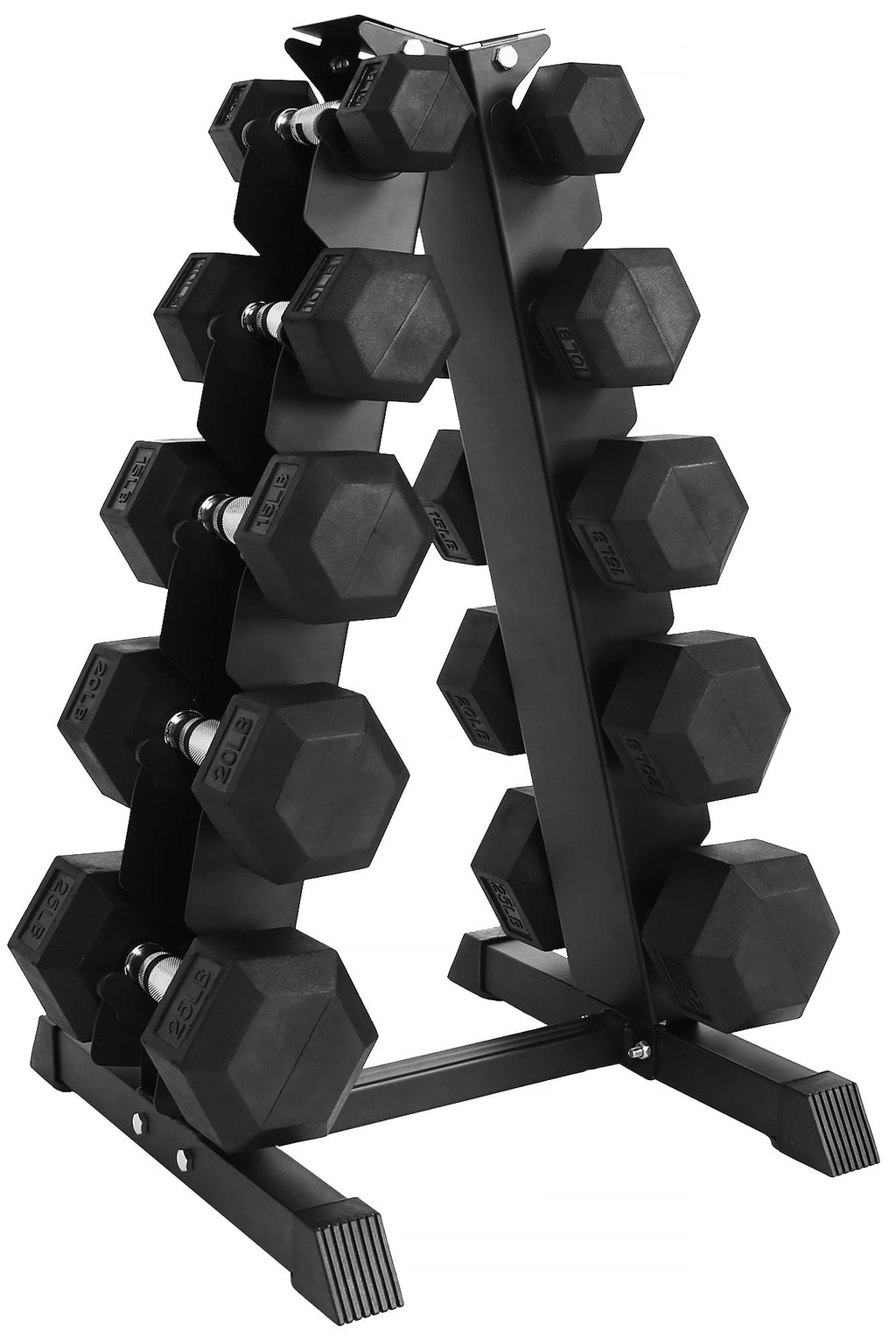BalanceFrom 100LB Rubber Coated Hex Dumbbell Weight Set with A-Frame Rack, 5-20 lbs Pairs