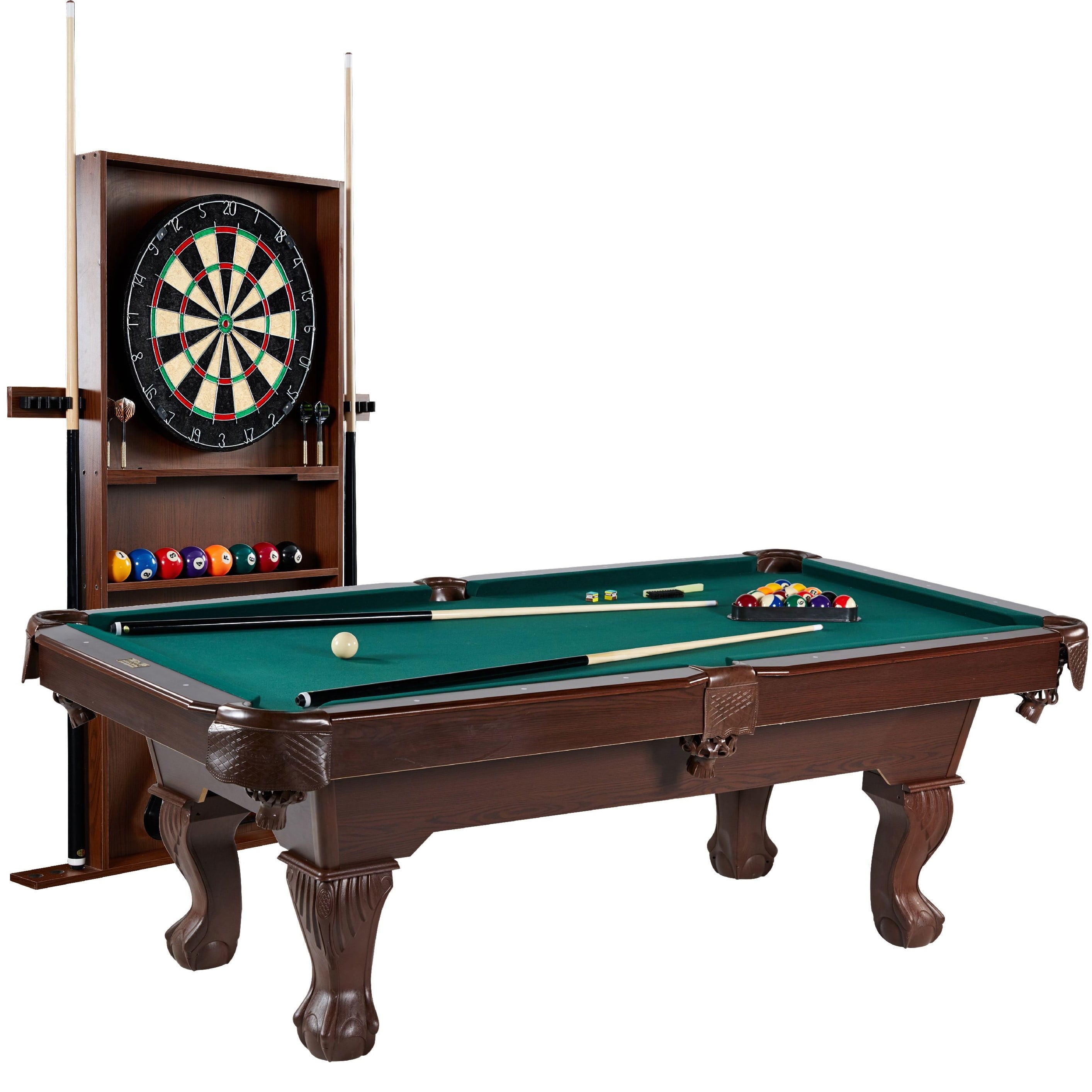 Barrington Billiards 90" Ball and Claw Leg Pool Table with Cue Rack, Dartboard Set, Burgundy, New