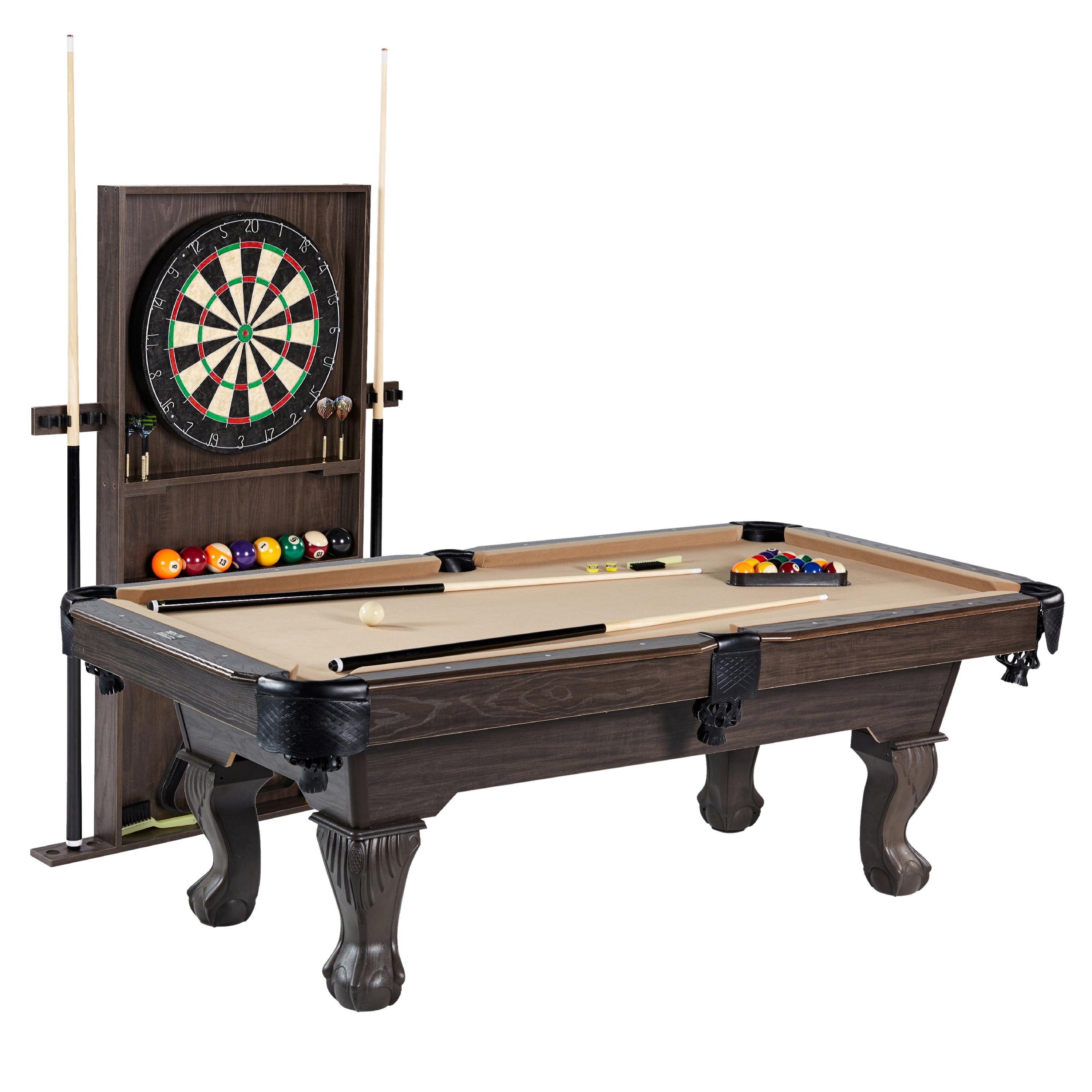 Barrington Billiards 90" Ball and Claw Leg Pool Table with Cue Rack, Dartboard Set, Burgundy, New