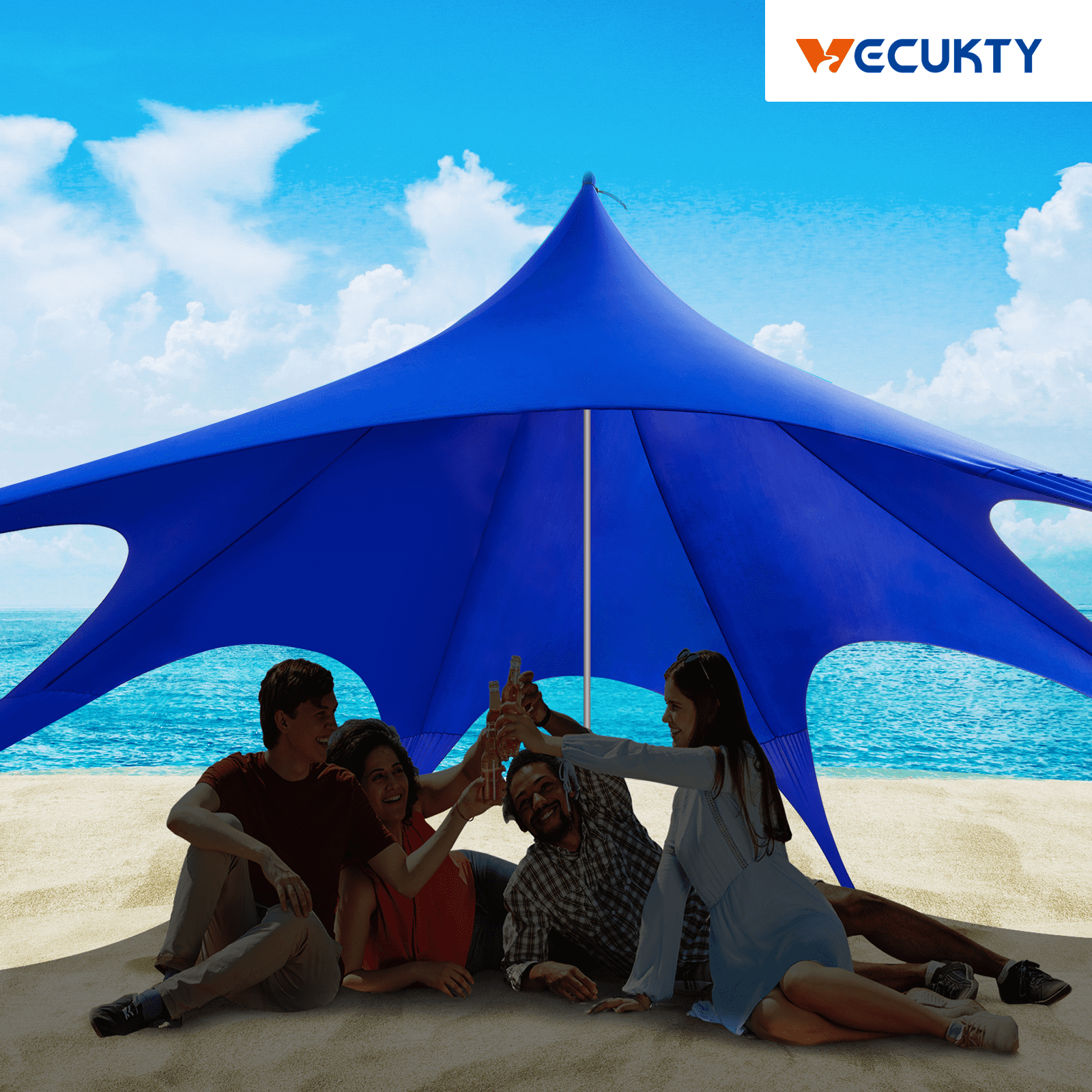 Beach Canopy Tent Sun Shade, VECUKTY 12x12 FT Beach Tent Sun Shelter UPF 50+ UV Protection with Sandbags , 1 Stability Poles and Ground Pegs and Anti-Wind Ropes,Blue