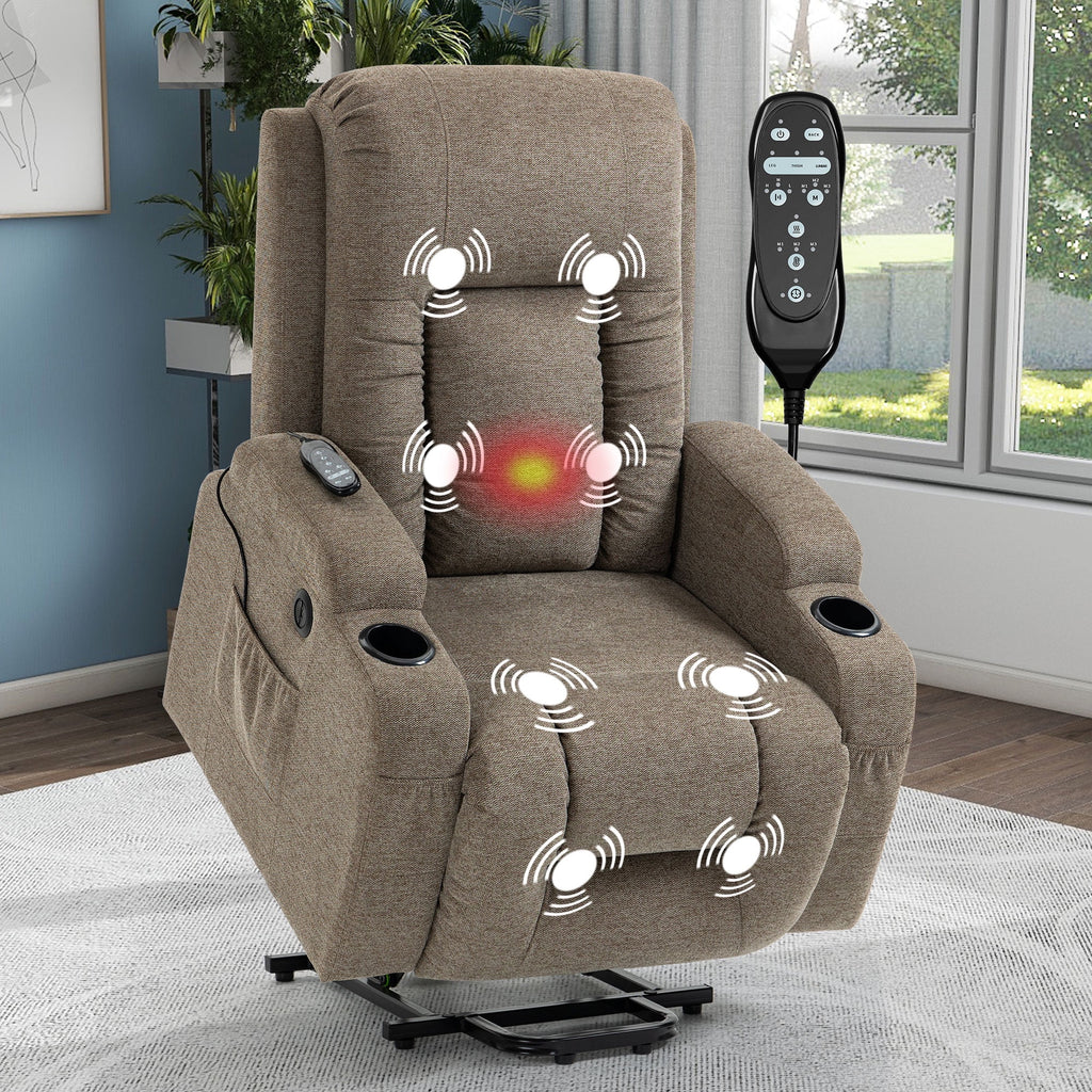 BedLuxury Power Lift Recliner Chair Sofa with Massage and Heat for Elderly,Extra Wide Heavy Duty Recliner with Cup Holders and Side Pockets for Living Room(Brown)