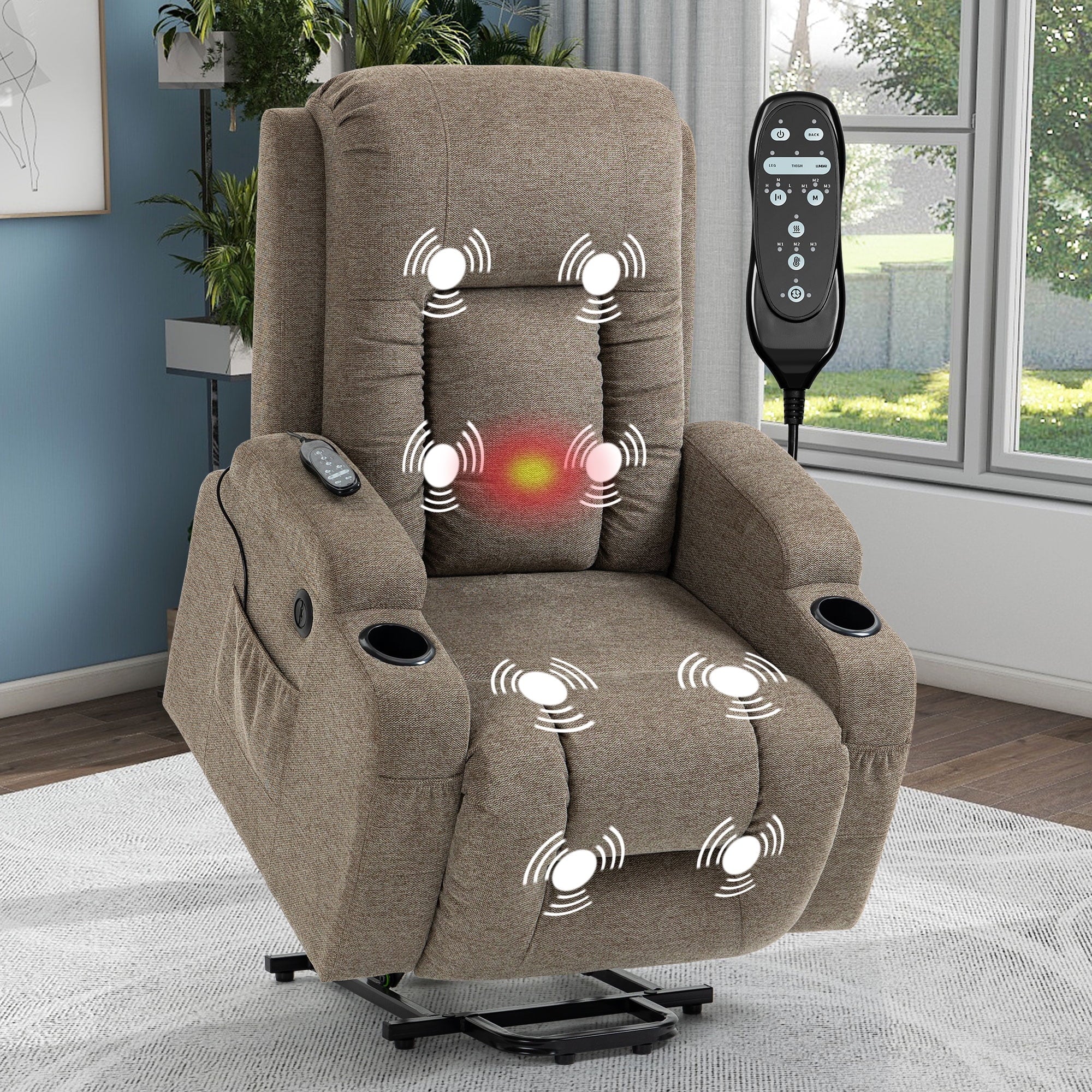 BedLuxury Power Lift Recliner Chair Sofa with Massage and Heat for Elderly,Extra Wide Heavy Duty Recliner with Cup Holders and Side Pockets for Living Room(Brown)