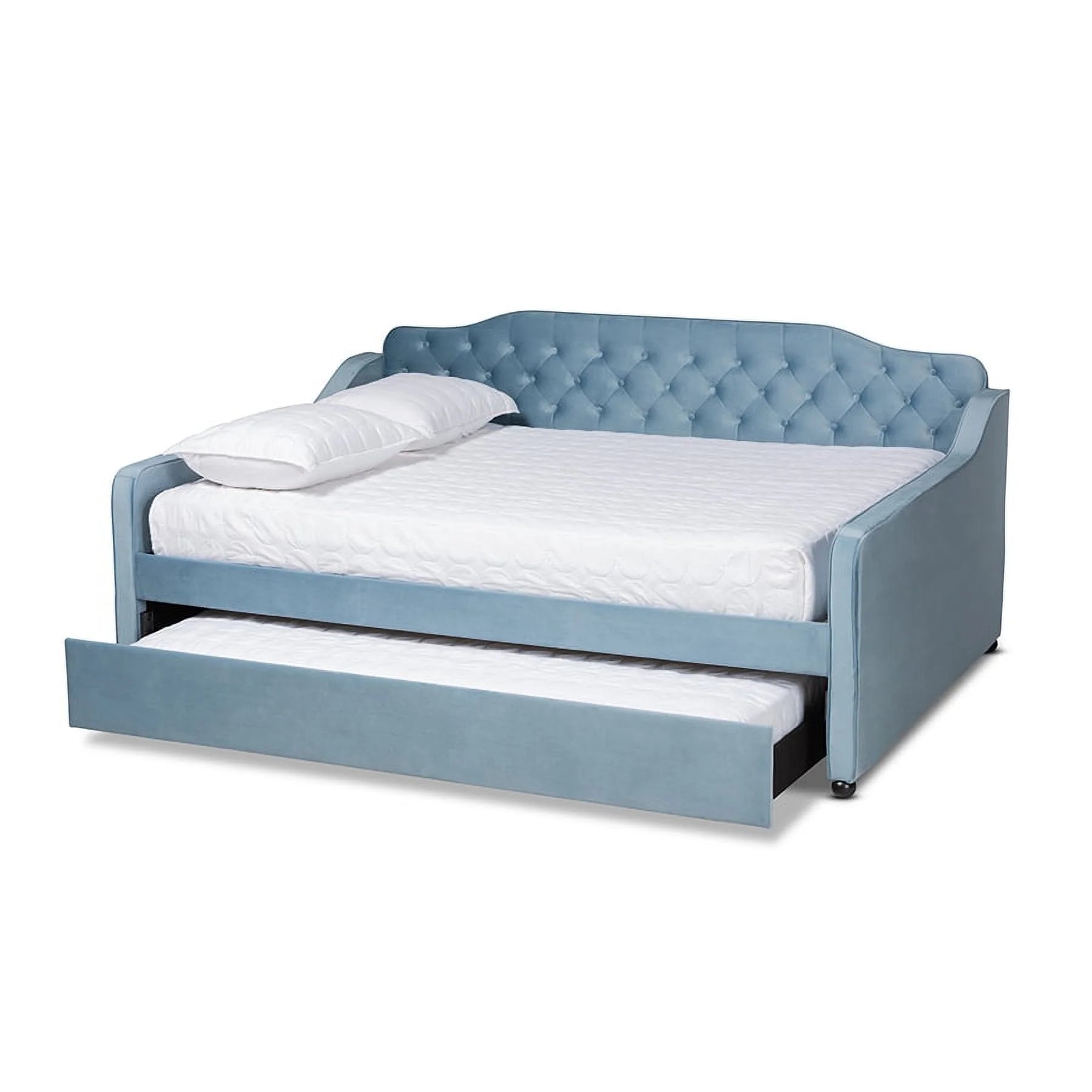Baxton Studio Freda-Light Blue Velvet-Daybed-F-T Transitional & Contemporary Fabric Upholstered & Button Tufted Daybed With Trundle, Light Blue Velvet - Full Size