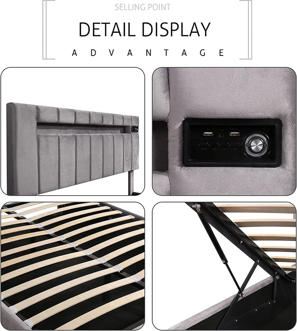 Bellemave Full Size Bed Frame with Storage and LED Light, Lift Up Upholstered Platform Bed with Bluetooth Player and USB Charging, Velvet Fabric Hydraulic Storage Bed (Gray)