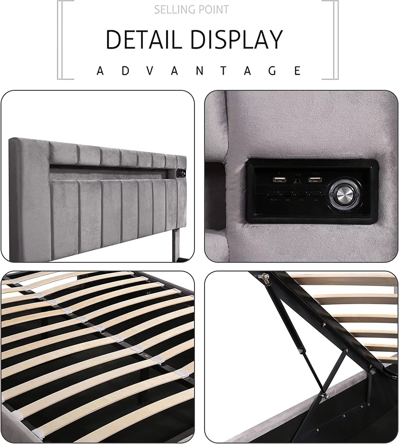 Bellemave Full Size Bed Frame with Storage and LED Light, Lift Up Upholstered Platform Bed with Bluetooth Player and USB Charging, Velvet Fabric Hydraulic Storage Bed (Gray)