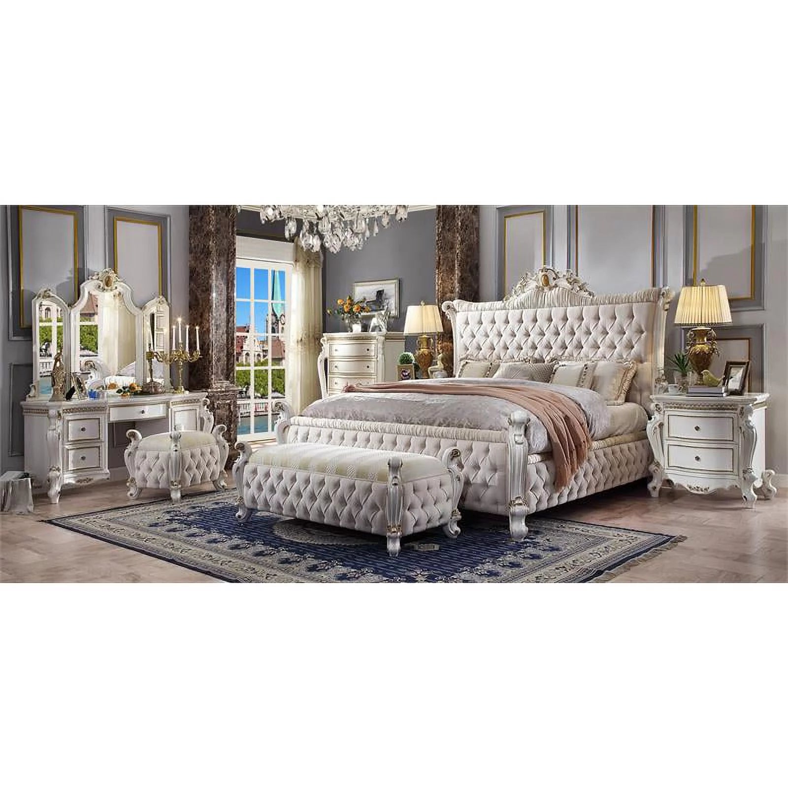 Acme Picardy Tufted Fabric Eastern King Panel Bed in Antique Pearl