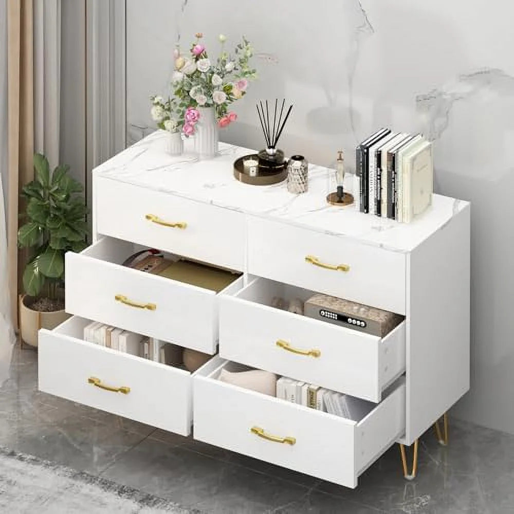 6 Drawer Dresser for Bedroom  White Dresser   Large Double Dresser with Faux Marble Top and Wide Drawers   Organizer Dresser  Chests of Drawers for Hallway  Living Room  Bedroom