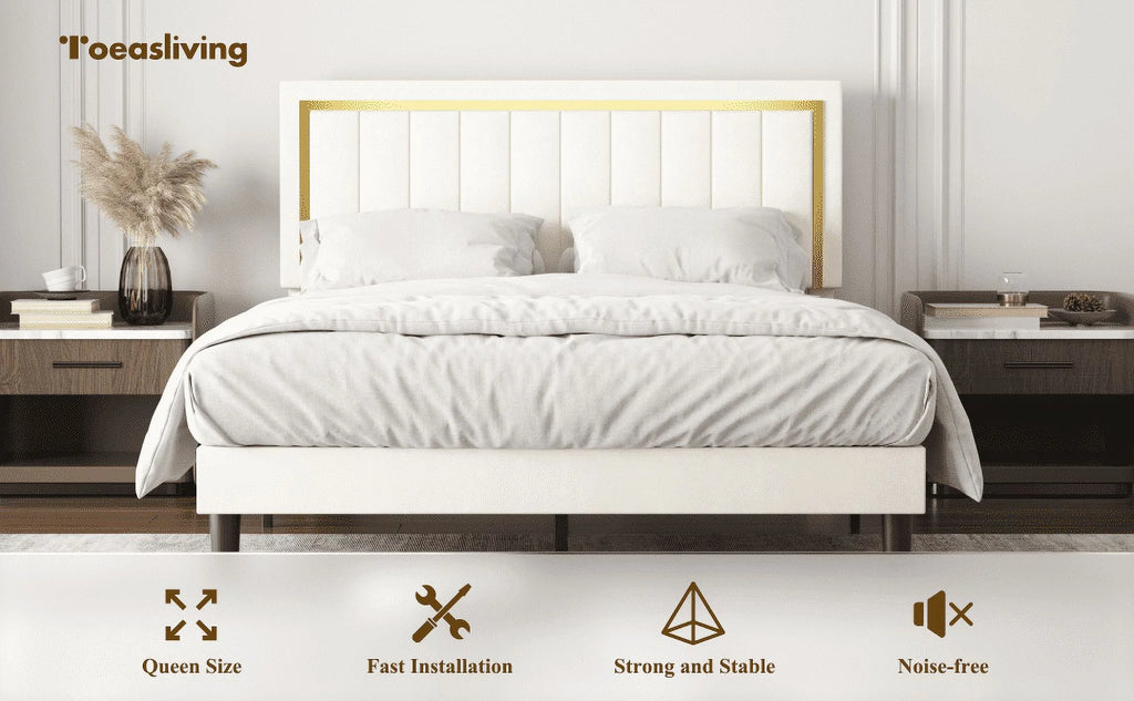 Bed Frame Upholstered Platform with Gold Trim Upholstered and Strong Wooden Slats, Strong Weight Capacity, Non-Slip and Noise-Free, Easy Assembly,Beige
