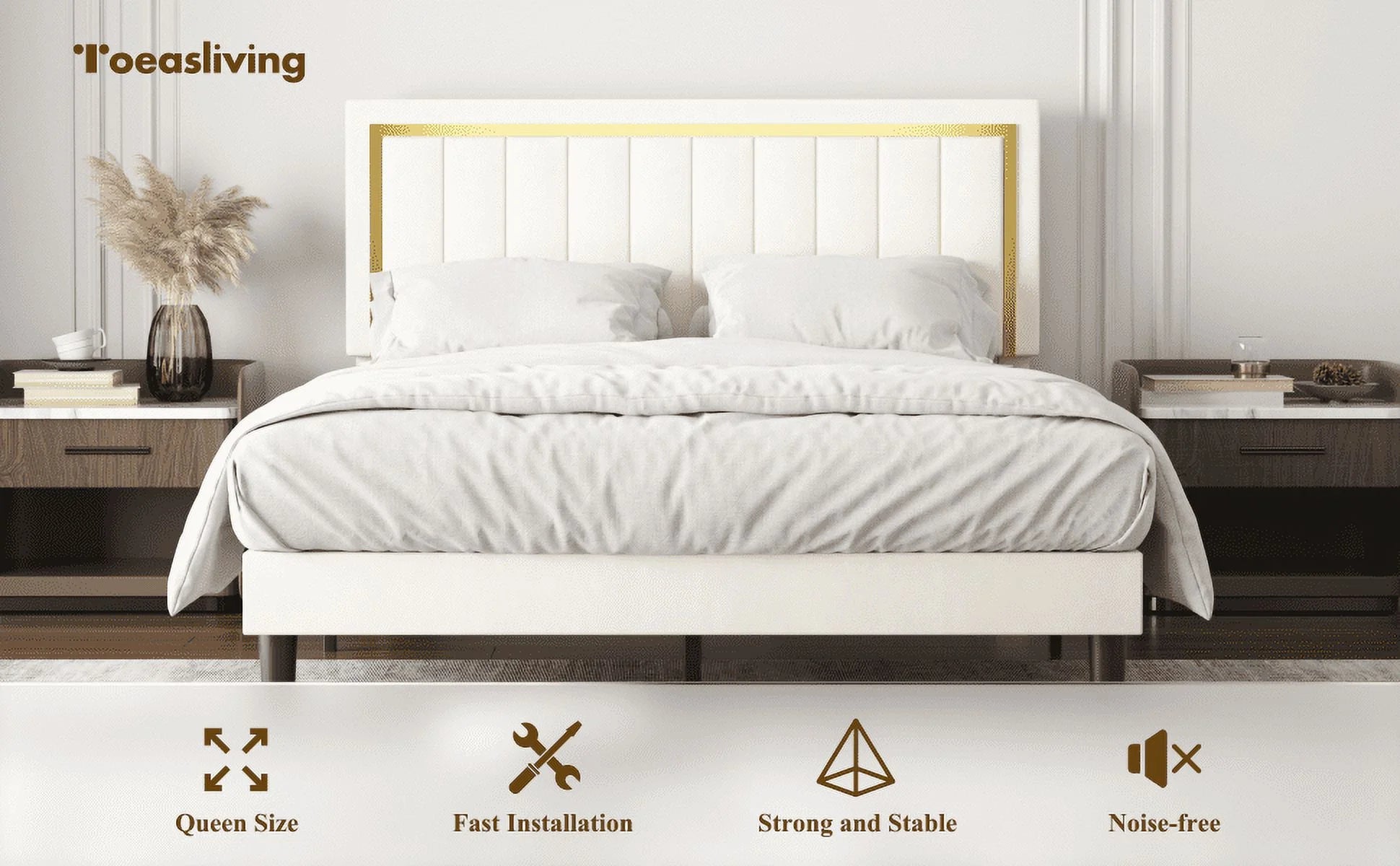 Bed Frame Upholstered Platform with Gold Trim Upholstered and Strong Wooden Slats, Strong Weight Capacity, Non-Slip and Noise-Free, Easy Assembly,Beige