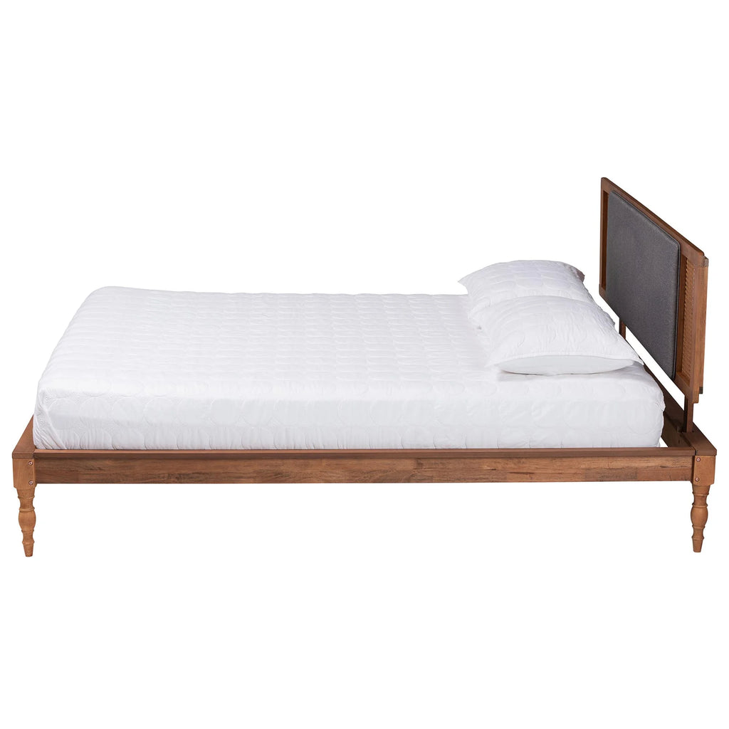 Baxton Studio Eliseo Mid-Century Modern Dark Grey Fabric and Walnut Brown Finished Wood Queen Size Platform Bed
