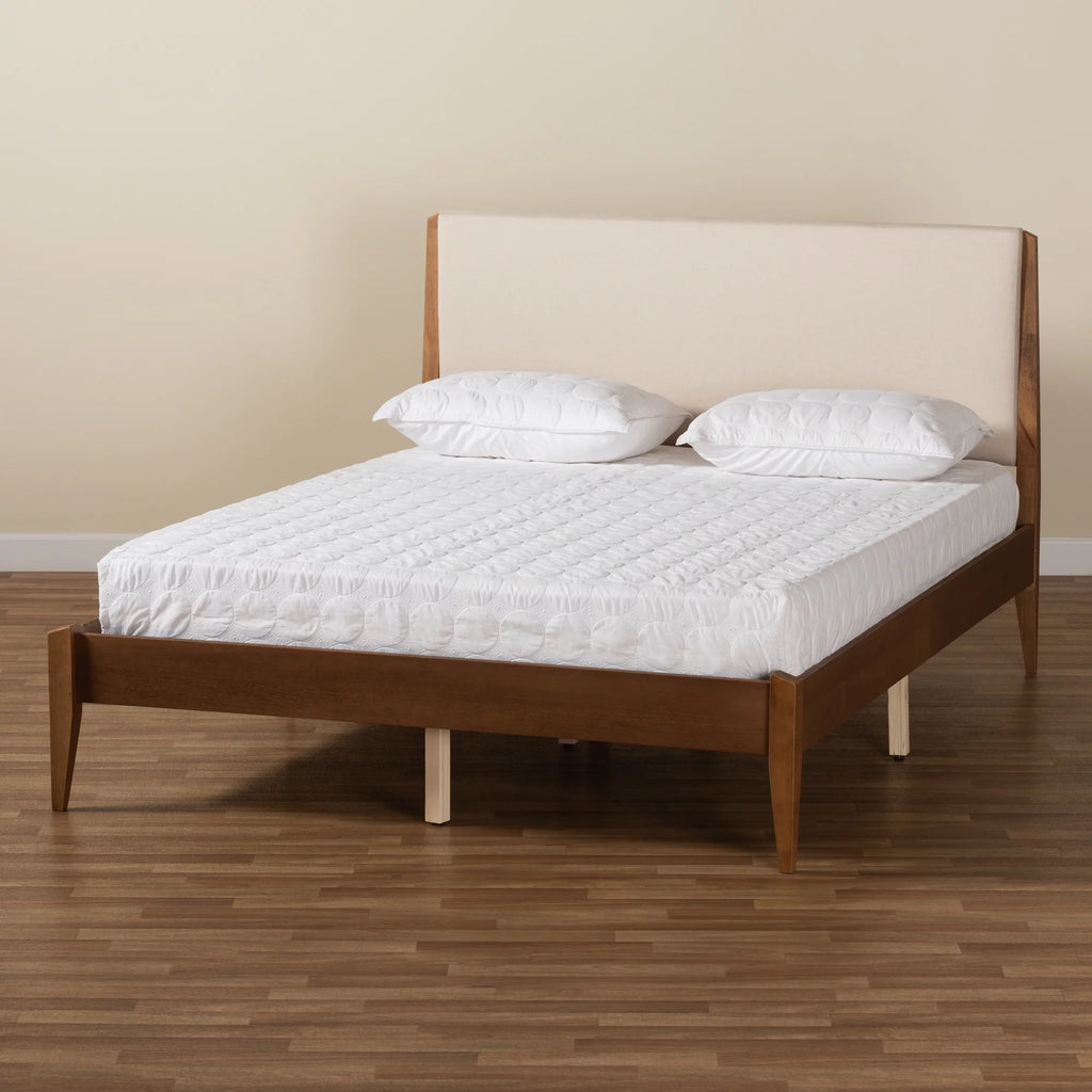 Baxton Studio Lenora Mid-Century Modern Beige Fabric Upholstered and Walnut Brown Finished Wood Queen Size Platform Bed