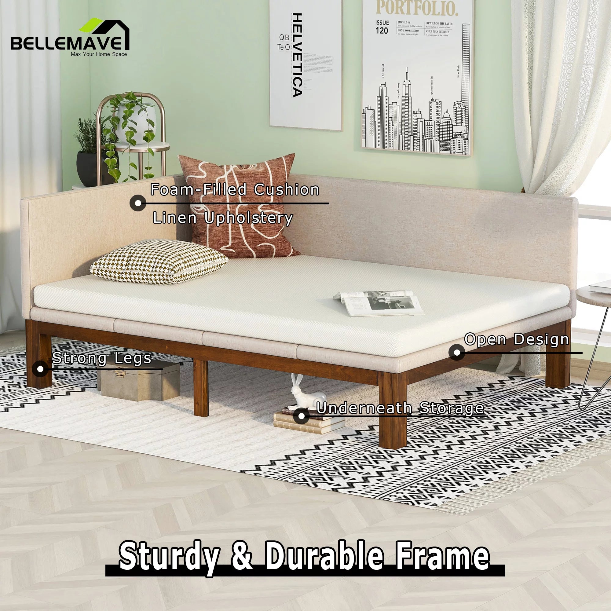 Bellemave Full Size Upholstered Daybed, Minimalist Wood Sofa Bed for Living Room, Bedroom (Beige)