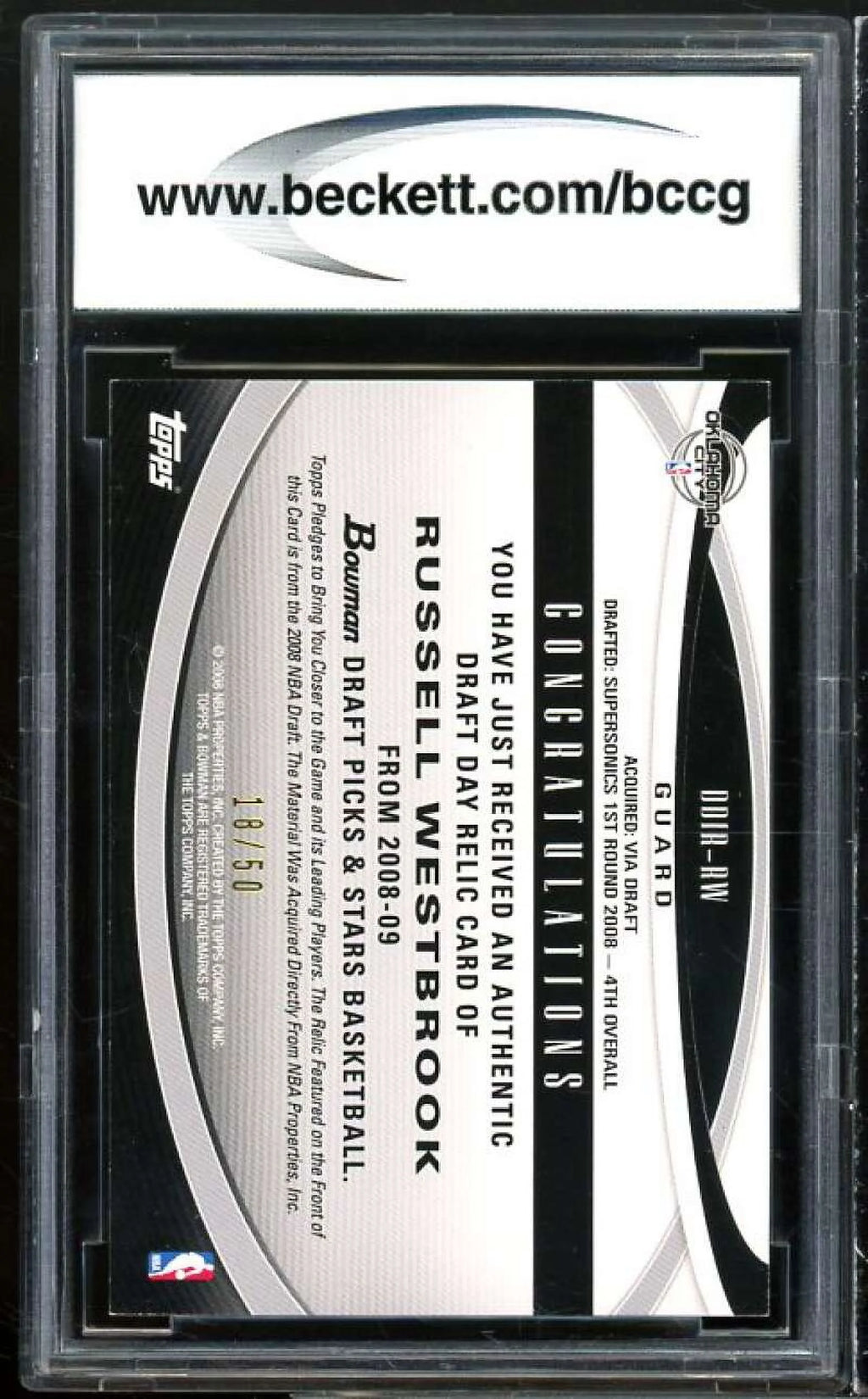 2008-09 Bowman DD Relics Blue #Ddirrw Russell Westbrook Rookie BGS BCCG 10 Mint+