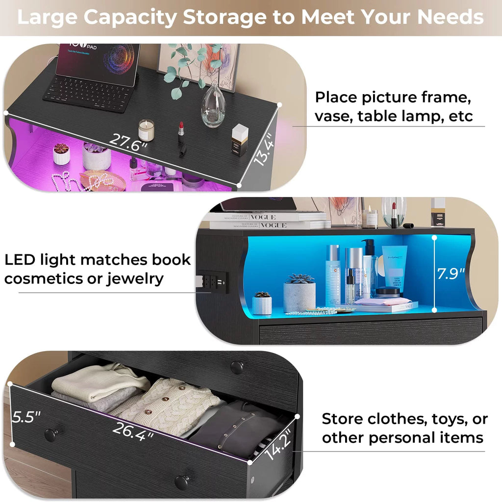 4 Drawer Dresser with LED Lights and Charging Station, Wide Chest of Drawers for Bedroom, Black