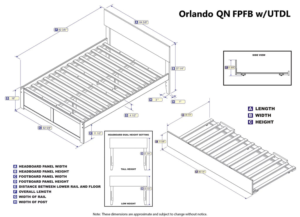 AFI Orlando Queen Wood Platform Bed with Headboard Footboard & Twin XL Trundle, Grey