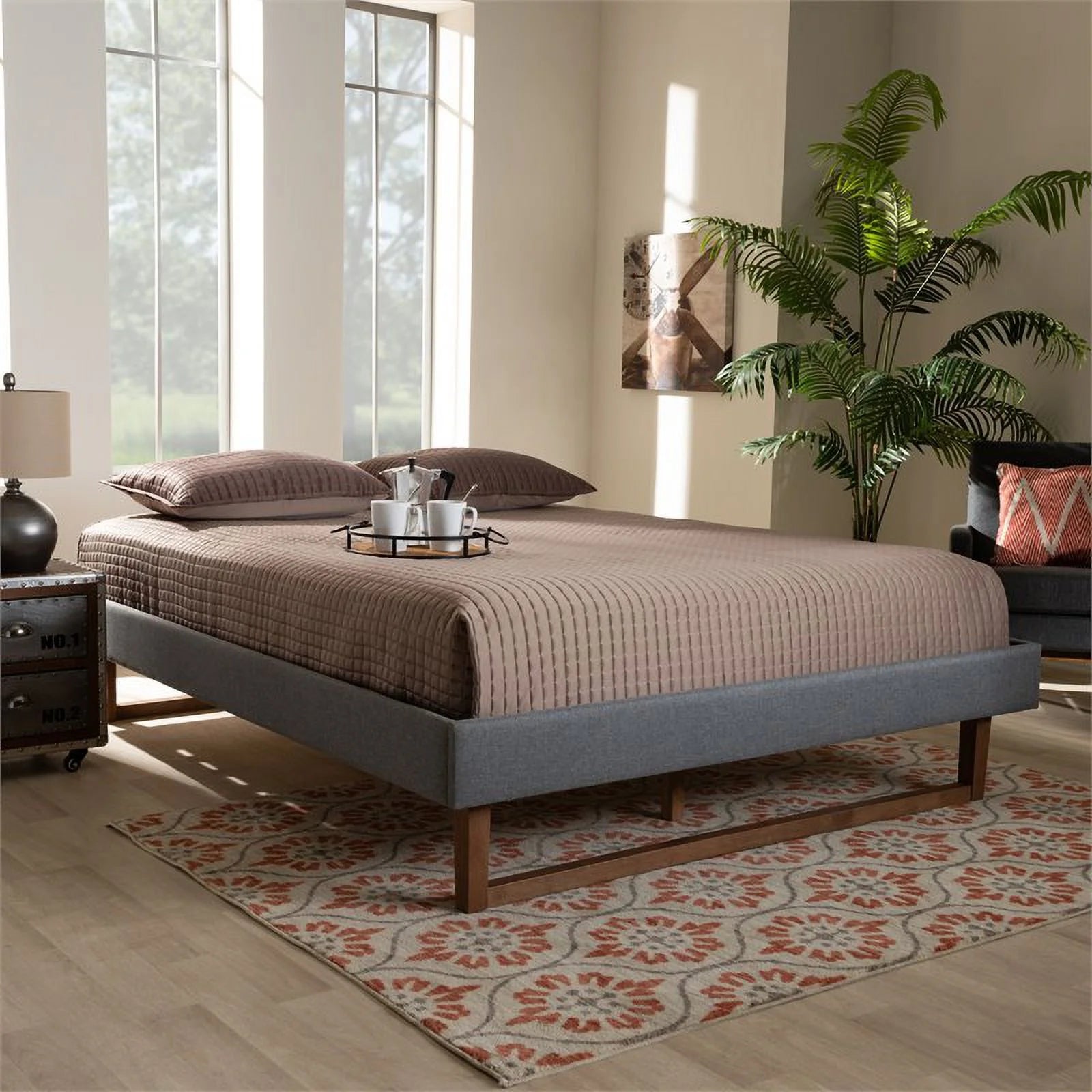 Allora Mid-Century Wood and Fabric King Platform Bed in Dark Gray